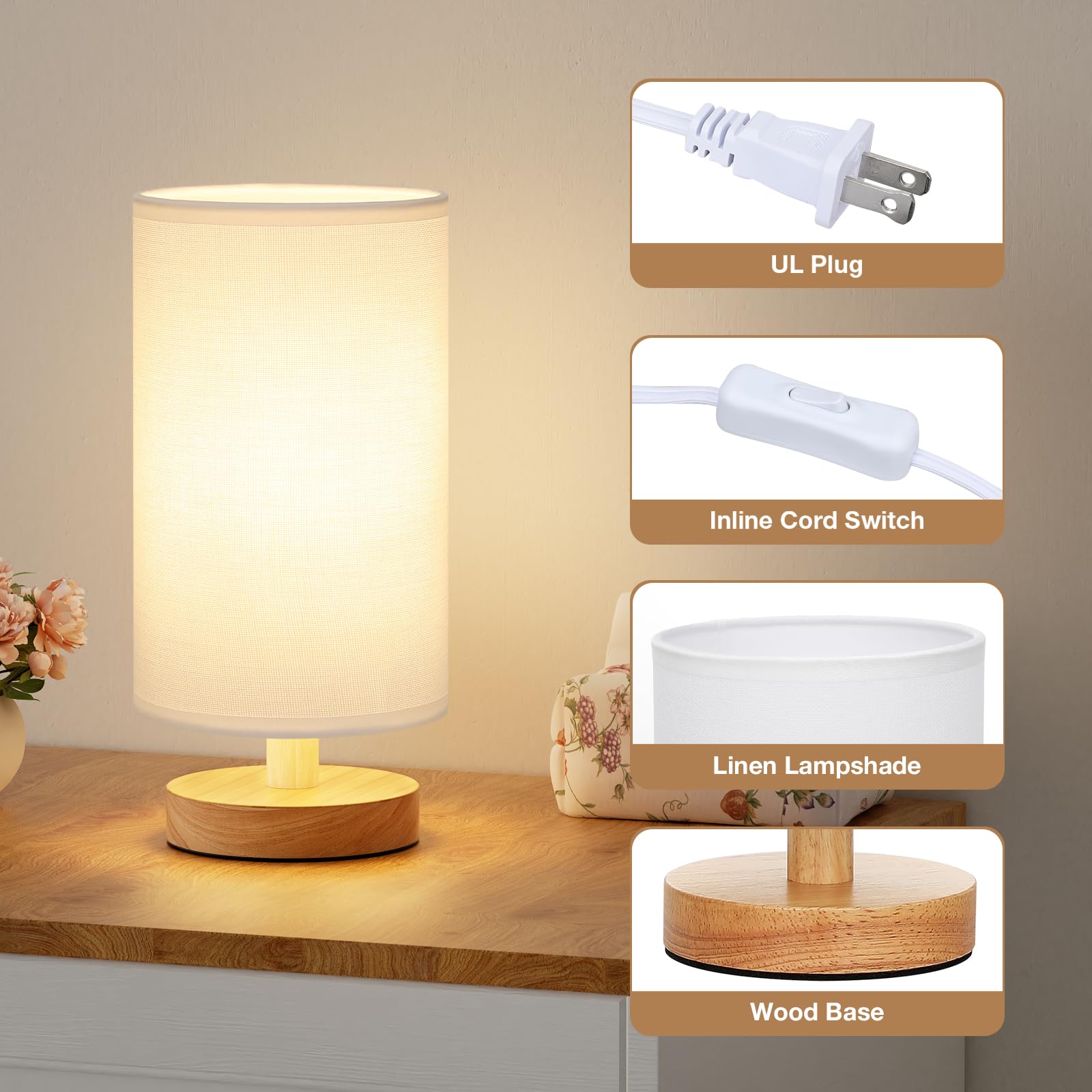 Fenmzee Small Table Lamp For Bedroom - Inline Control, Bedside Lamp With 3000K A15 Led Blub, Easy Assembly (White Shade - Wood B