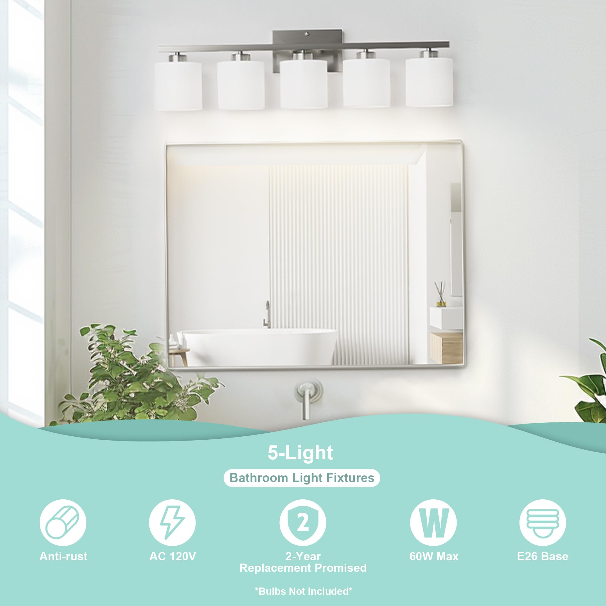 Honesorn 5-Light Bathroom Vanity Light Fixtures, Brushed Nickel, Modern Design with Frosted Shade, E26 Base