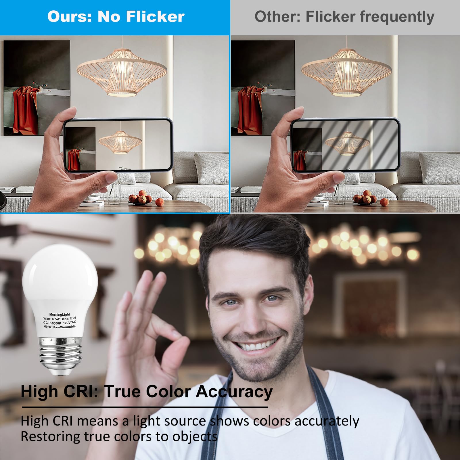Morninglight 6 Pack A15 Led Bulbs 60 Watt Equivalent, Neutral White 4000K, E26 Base, Non-Dimmable, 6.5W 600 Lumens Bulb, A15 6.5