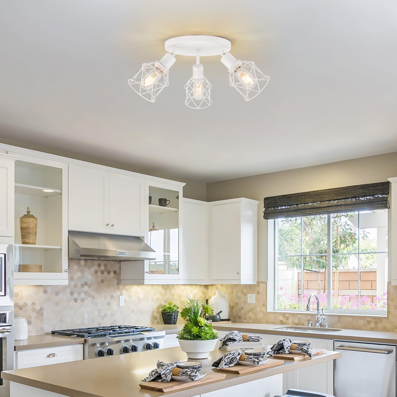 WILON 3-Light Flush Mount Ceiling Light, Metal Kitchen Fixture, White, Model QLUSX0043W, Multi-Directional Track Lighting for Hallway & Dining Room