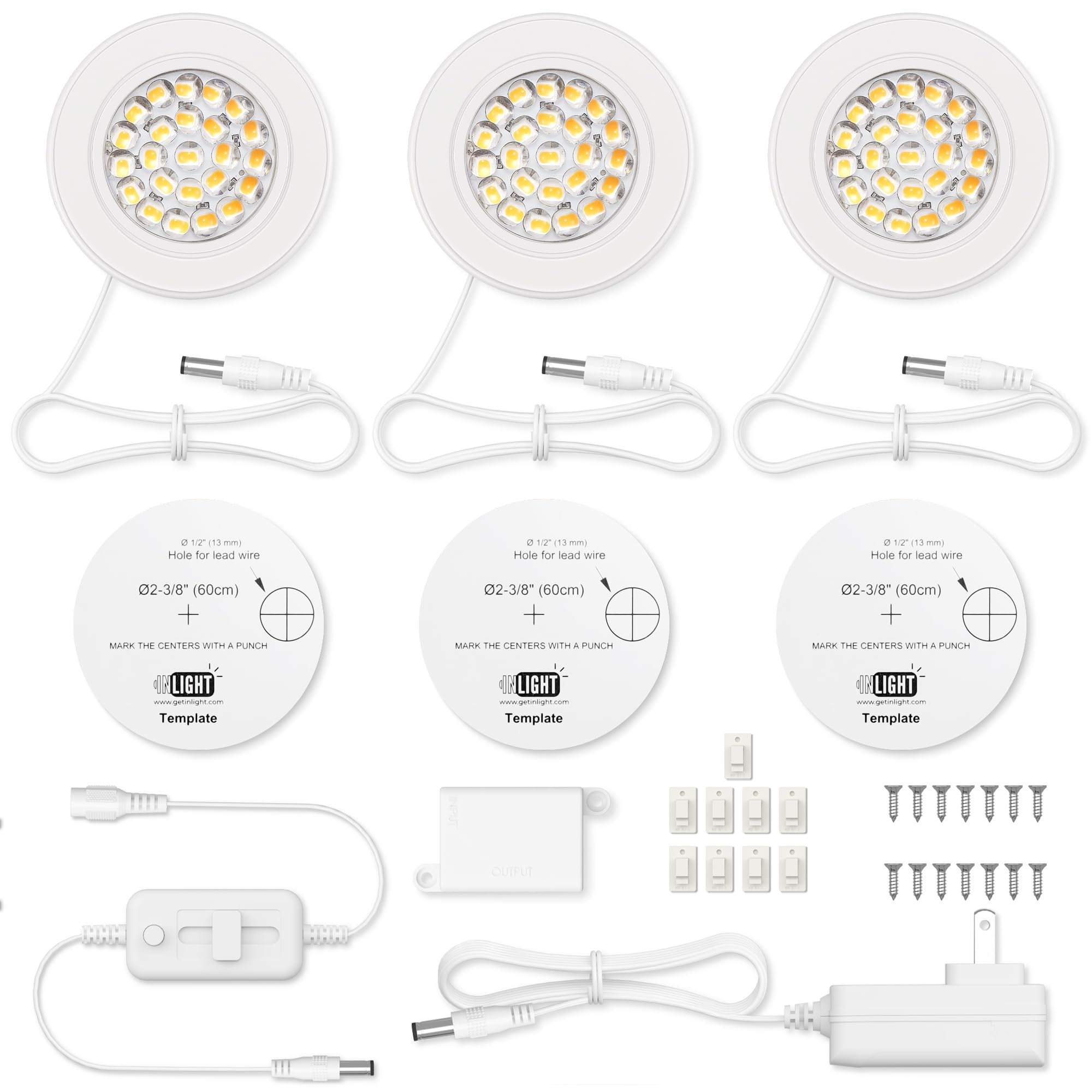 Getinlight 2.6'' Wide 3000K Dimmable Led Puck Lights Kit, Plug-In Installation With Recessed Or Surface Mounted, White Finish Ov