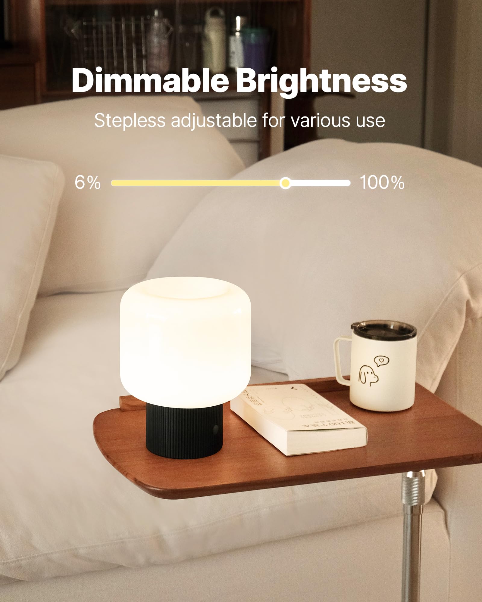 MAGCHARM Halo Mushroom Lamp - 5W Cordless Rechargeable Table Light, Glass Shade, Dimmable LED, Black, Model S447046-8L