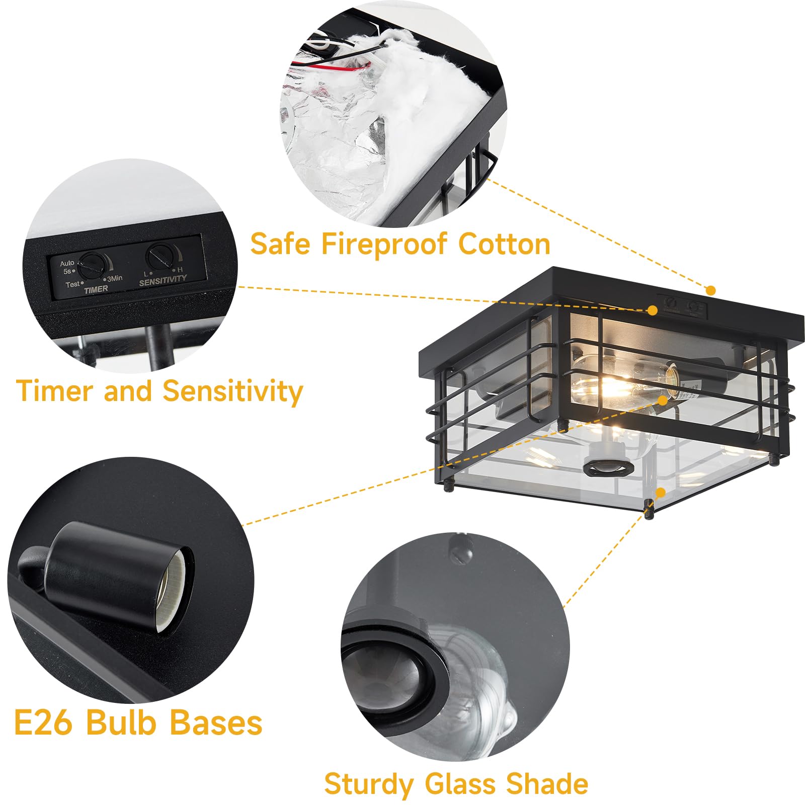 Yisuro Outdoor Ceiling Light With Motion Sensor Flush Mount Farm House Porch Light Ceiling Mount Adjustable 3 Modes Squares For