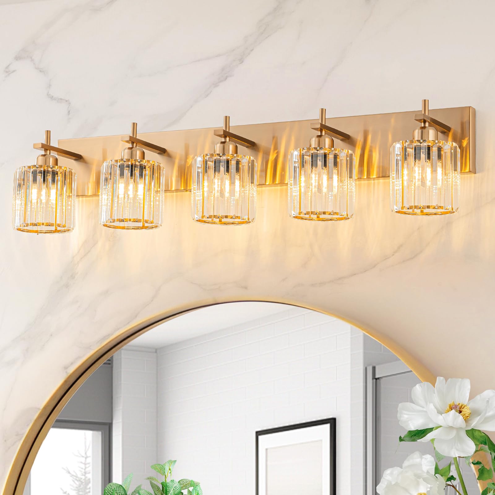HUOKU 5-Light Modern Crystal Bathroom Vanity Lights, Gold Polished Brass Finish, Metal and Crystal, Over Mirror Lighting