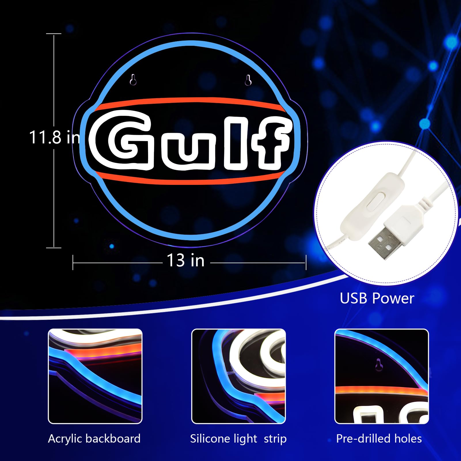 Wonderfullife Gulf Neon Sign For Garage Decor Led Signs For Bar Man Cave Wall Decor Lube Store Or Gasoline Station Display Lighting Easy Hanging.