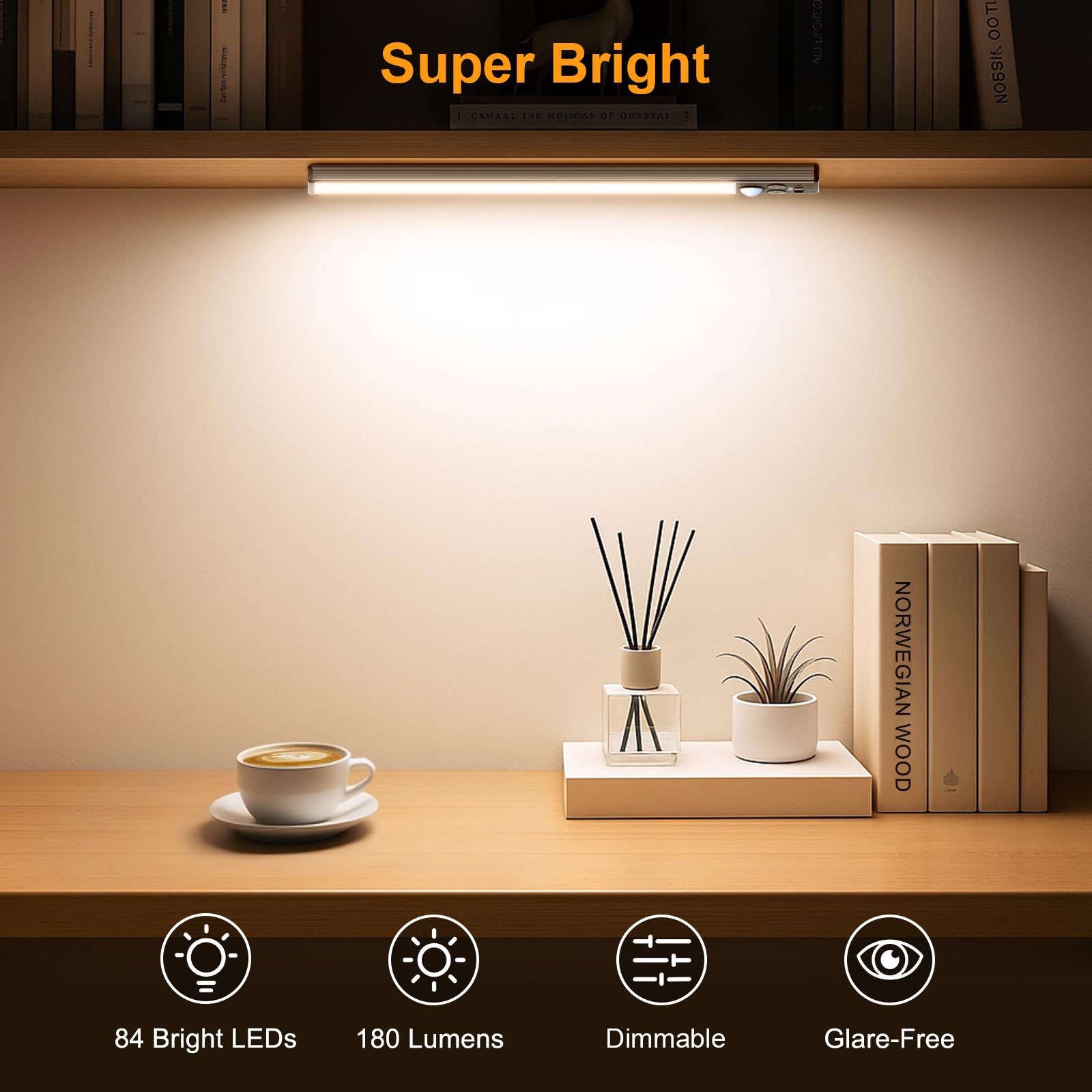 Gritin 10.2Inch Under Cabinet Lighting Rechargeable -84 Led Super Bright 3-Color& 5 Level Brightness 4 Modes Motion Sensor  Long Lasting- Easy Installation Magnetic Closet Lights -2 Pack-Bronze