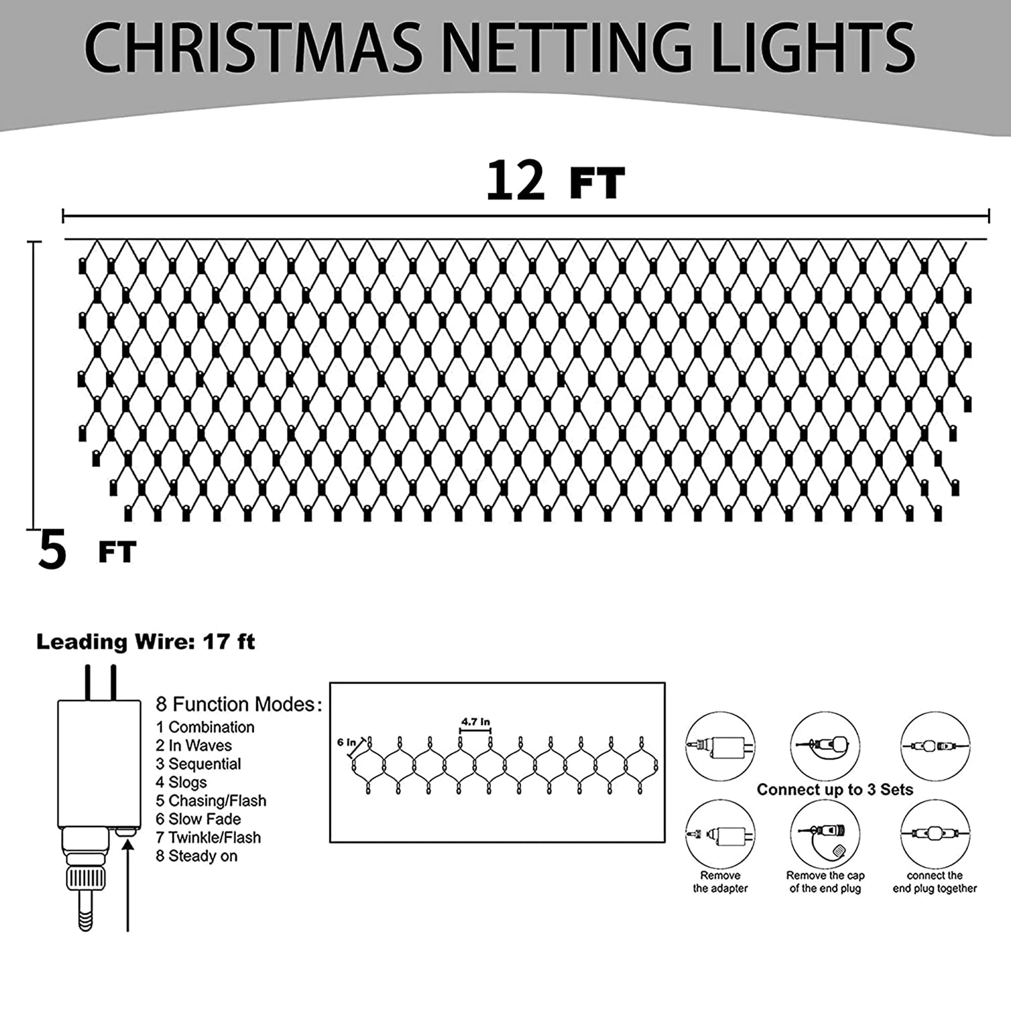 Outdoor Christmas Lights, 360 Led 12Ft X 5Ft Waterproof Christmas Net Lights Outdoor Plug In With 8 Modes, Warm White Christmas