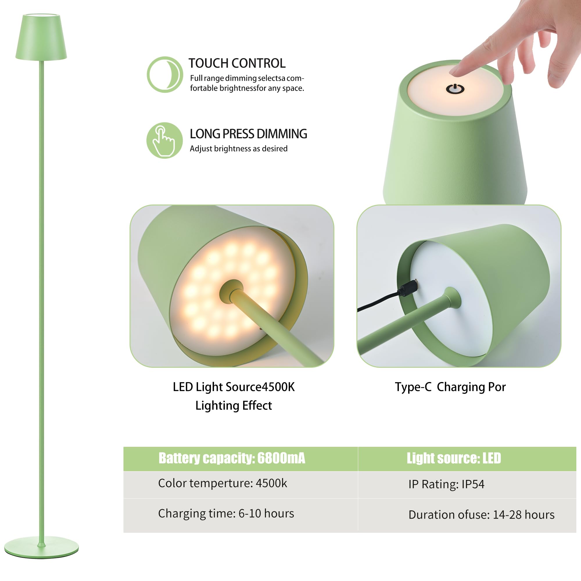 Imqsqik 2Pack Cordless Floor Lamp For Outdoor/Indoor, Built-In 6800 Mah Battery Led Battery Operated Lamp Rechargeable, With Touch Control Floor Lamp,Adjustable Height Floor Lamp For Patio(Green)