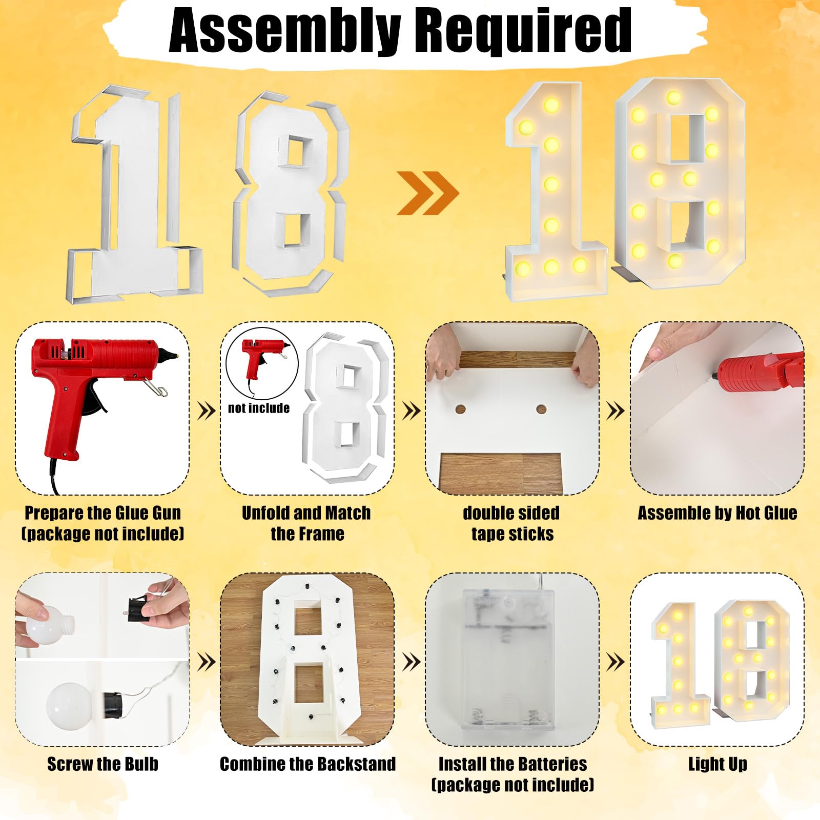 4Ft Light Up Numbers 18 Large Numbers With Lights Bulbs White Marquee Frame For 18Th Party Boys Girls Birthday Decorations Pre-Cut Mosaic Cardboard Giant Cut-Out Thick Foam Board Sign Anniversary