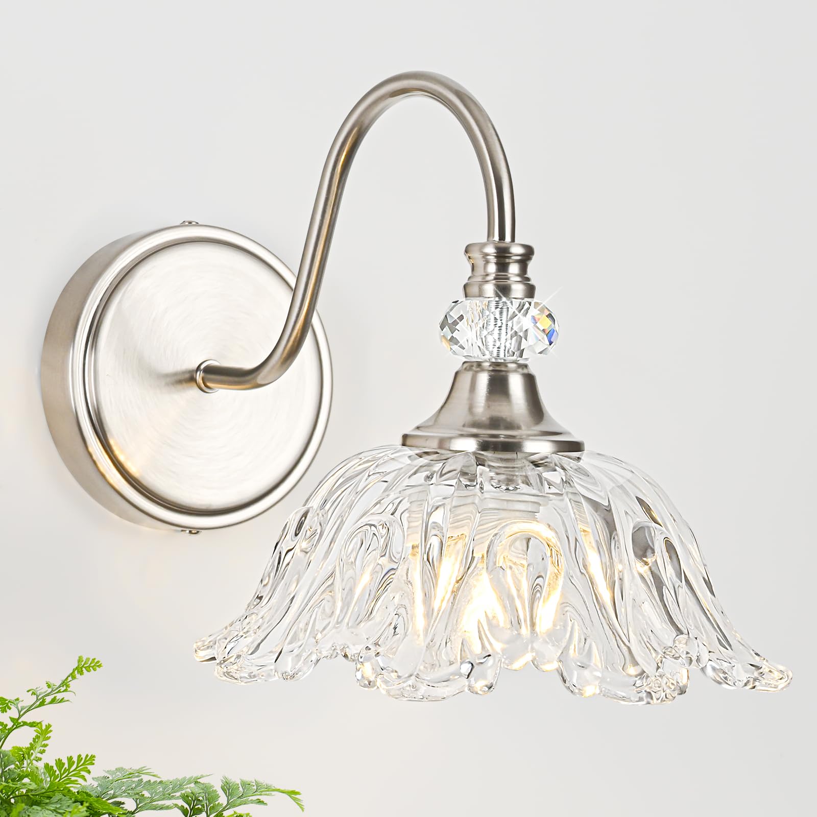 sunkryster Brushed Nickel Wall Sconce - 1-Light Modern Bathroom Vanity Light with Floral Clear Glass Shade, Model Sun-104AB-1-Nickel