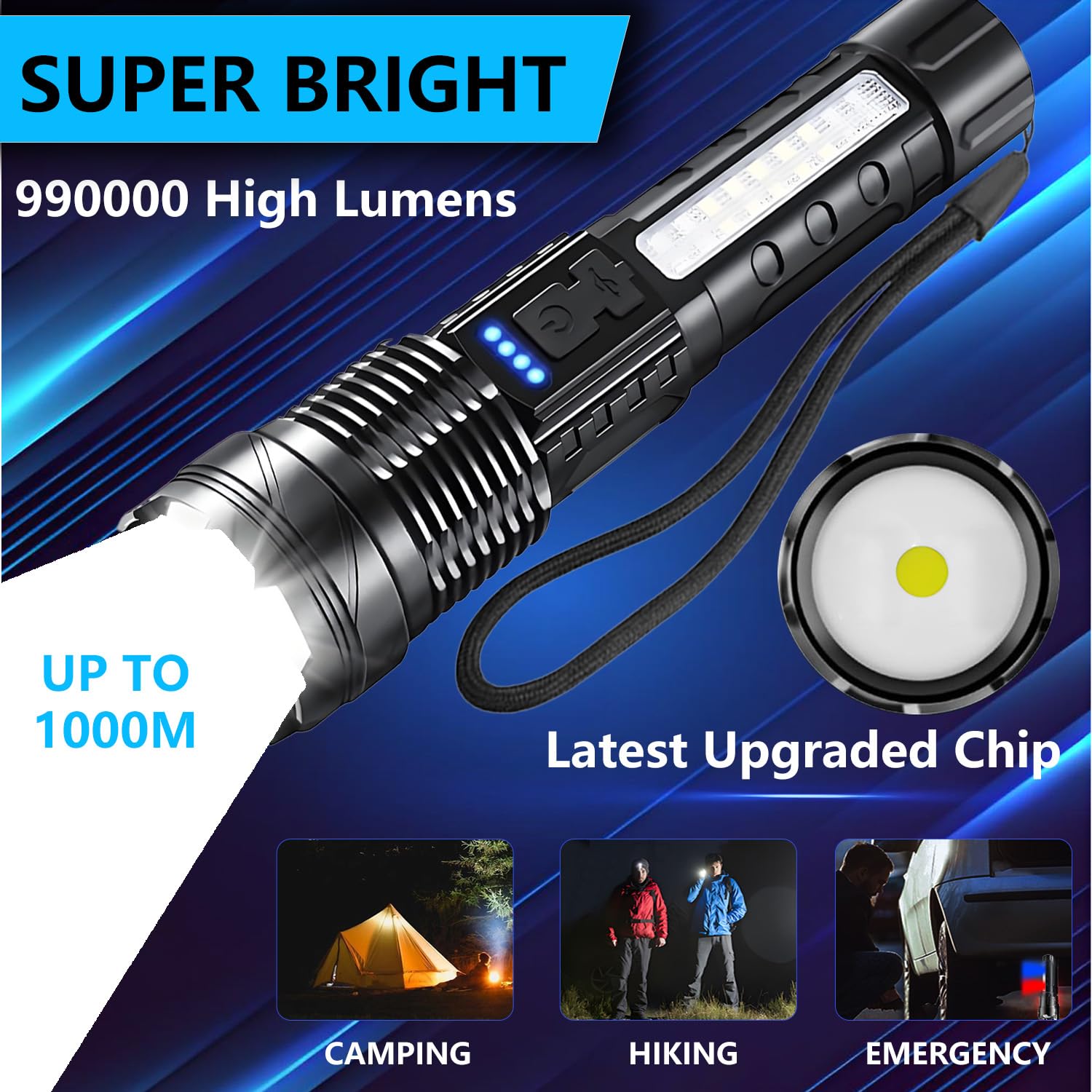Rechargeable Led Flashlights, 990,000 Lumens Super Bright Flash Light, 7 Modes With Cob Work Light, Ipx6 Waterproof, Adjustable