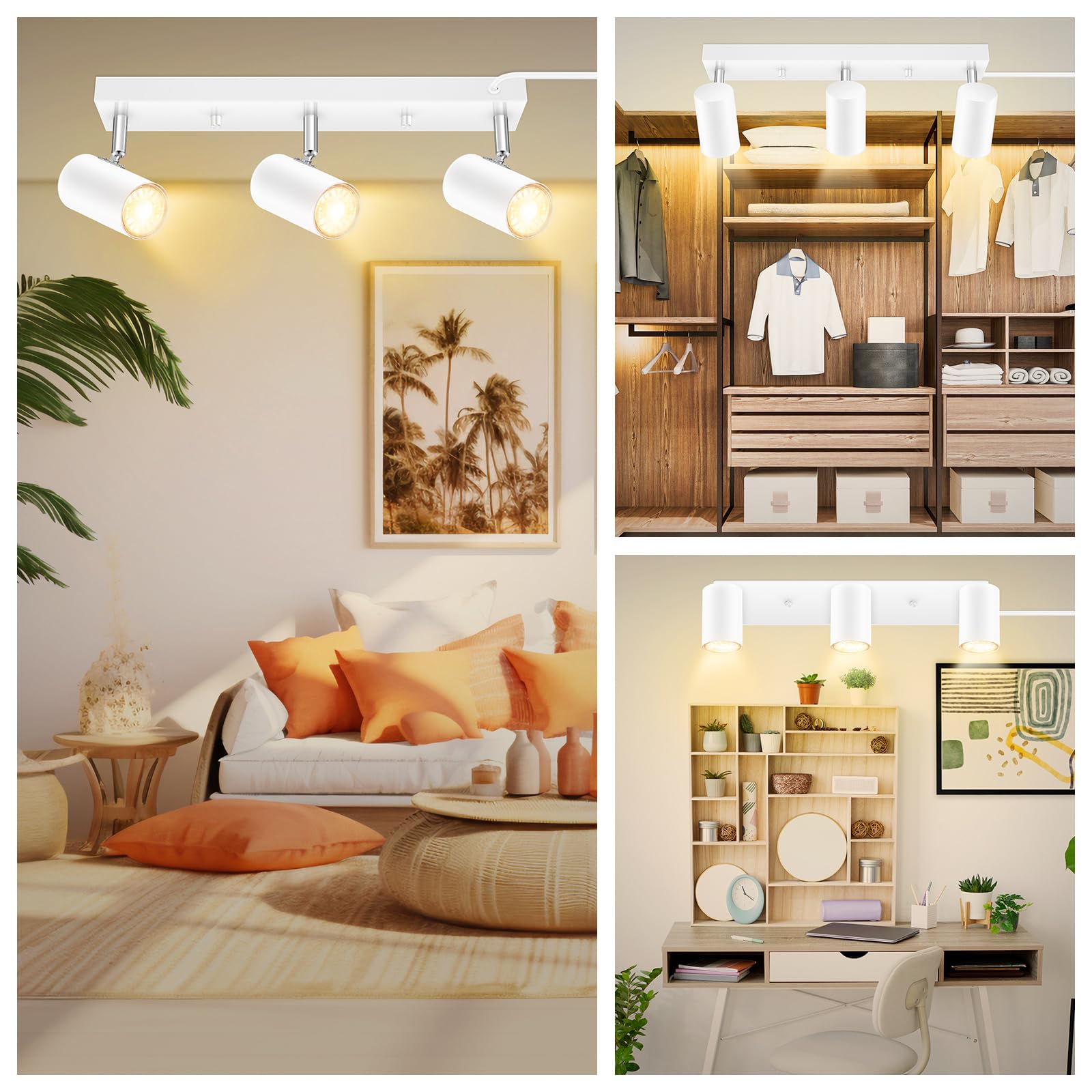 Auquee 3 Light Track Lighting Kit,White 3 Way Flexible Plug In Ceiling Spotlight,Industrial Led Wall Light For Kitchen Cabinet G