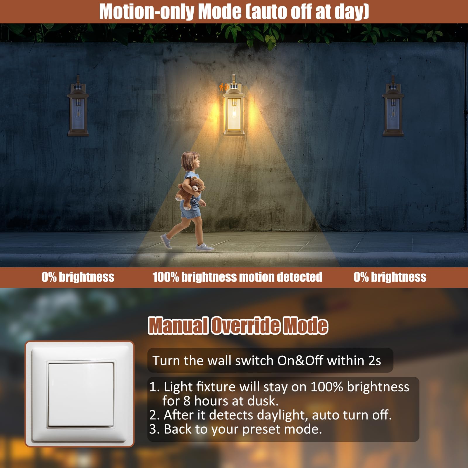 Roravilila 2-Pack Gold Outdoor Motion Sensor Lights, 18 Inch Waterproof Brass Lanterns, IP65, Wall Mounted