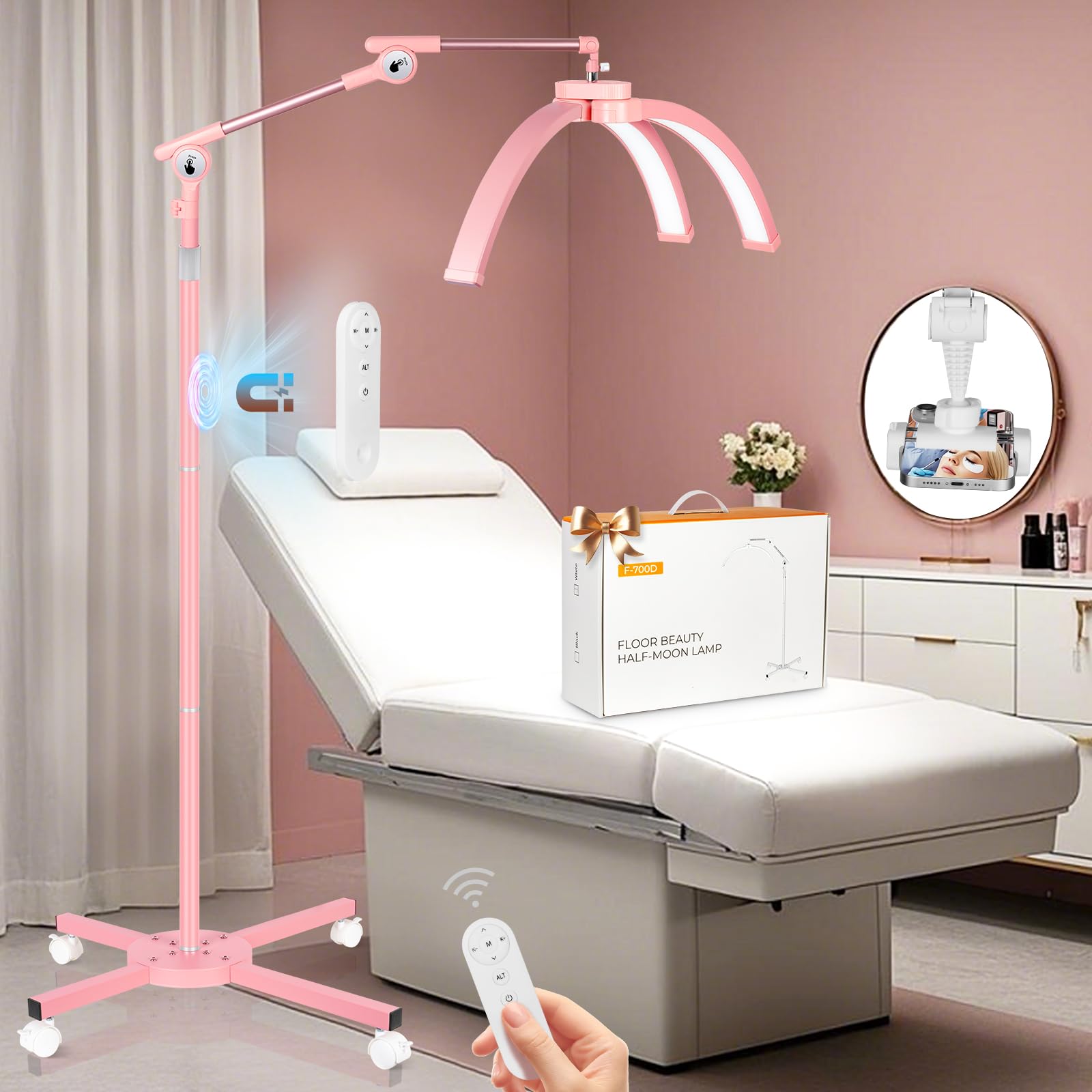 Hitti Half Moon Light For Eyelash Extensions Tattoo Artists  2025 New Upgrad Led Lash Tech Light With 4 Wheel Rolling Base  Large Floor Lamp 5 Color Modes Stepless Dimming & Phone Holder-Pink