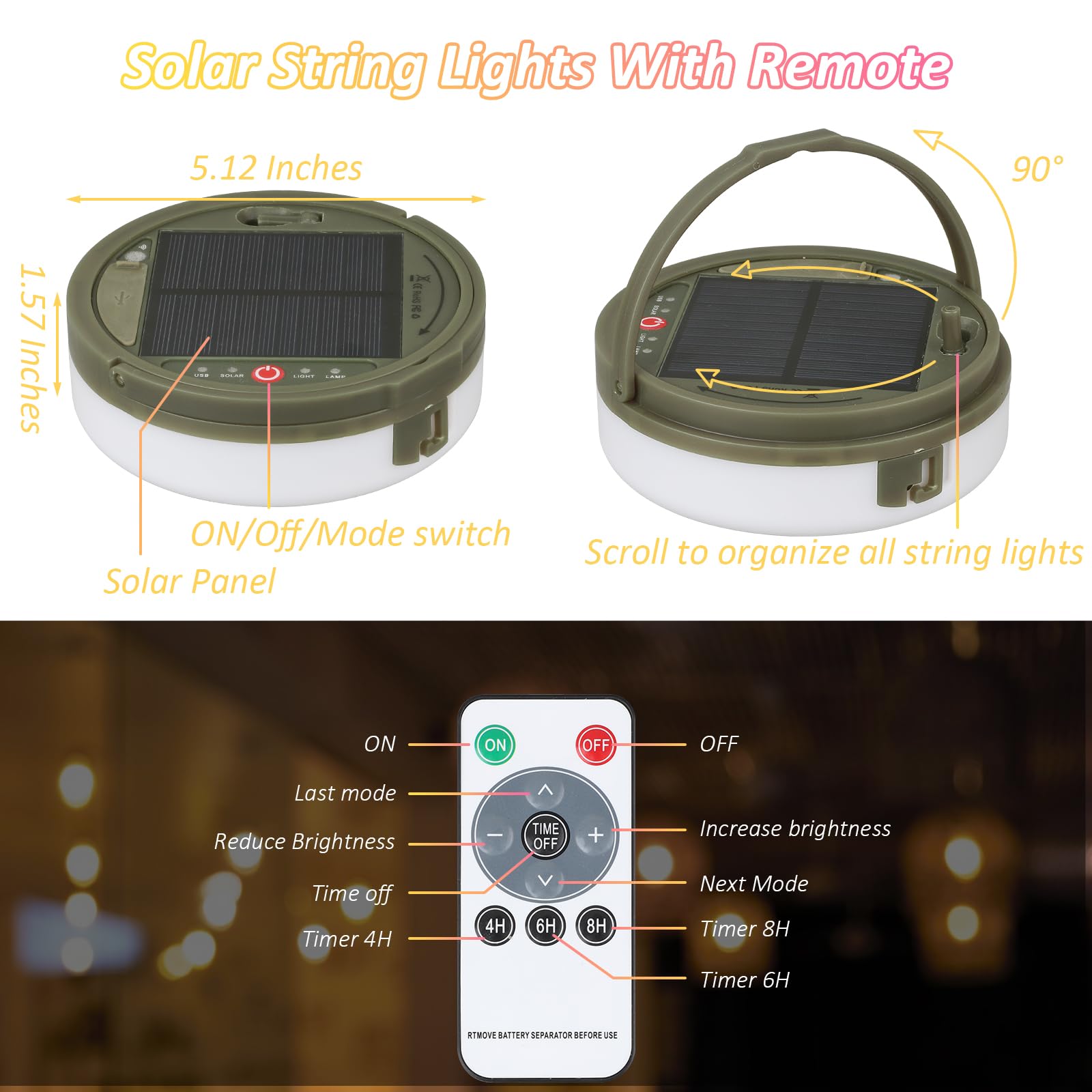 UOUNE Solar Camping String Lights, 39.4FT, Waterproof, 8 Lighting Modes, Rechargeable, Remote Control, Green & White, Model HG04776