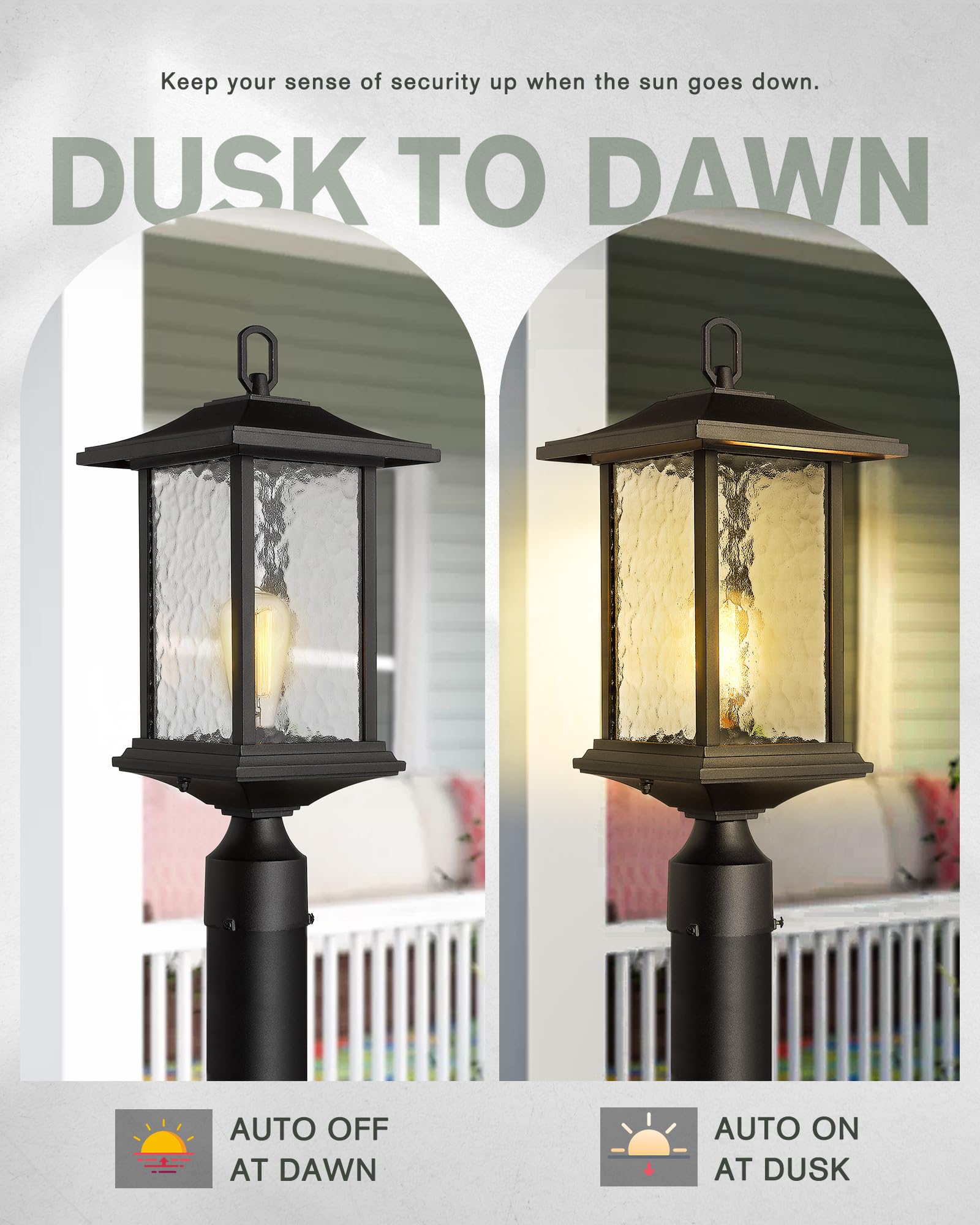 Beionxii Outdoor Post Lights - 21" Large Black Aluminum Lantern - Dusk to Dawn, 2-Pack with Water Glass - Model BXA272-P-2PK