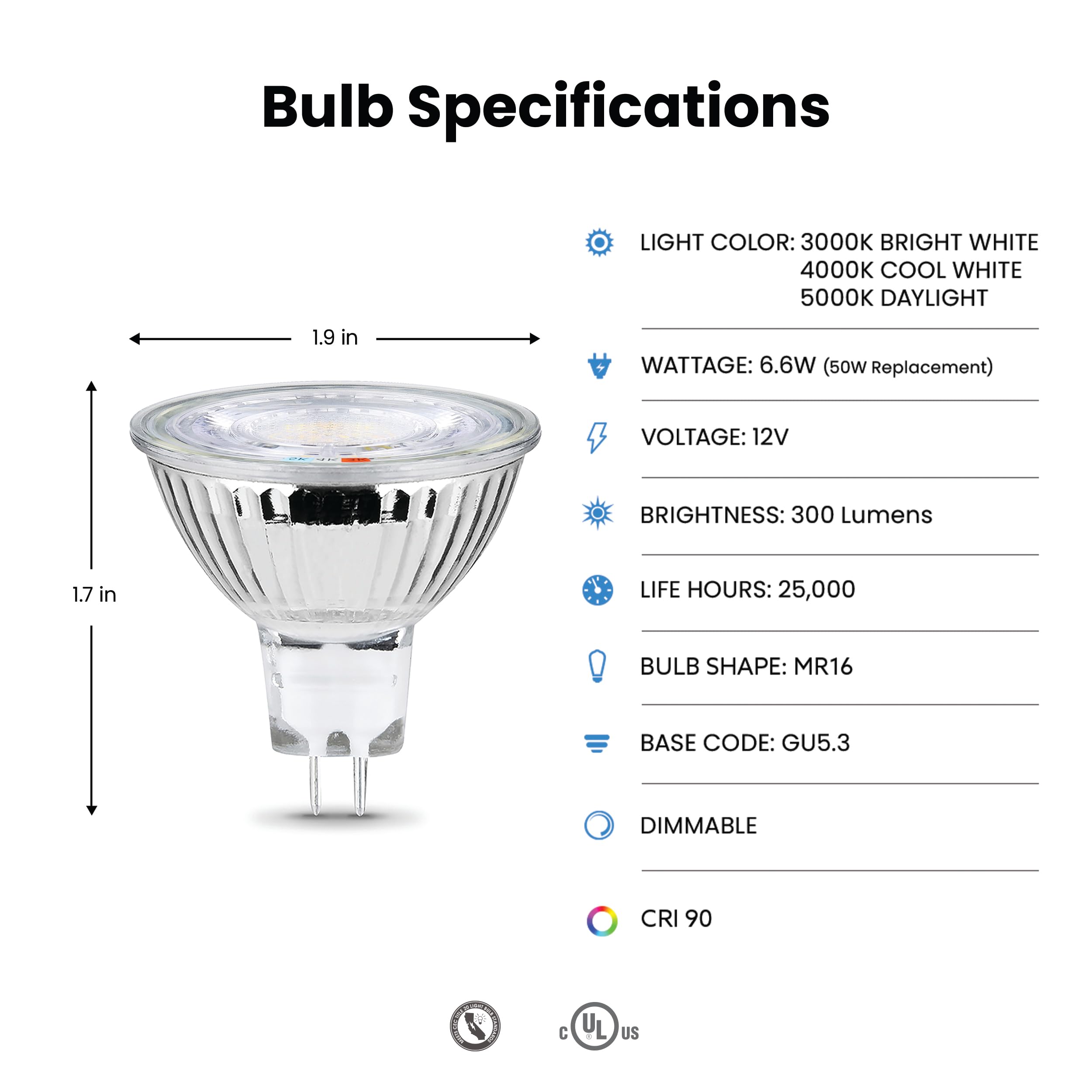 Feit Electric Mr16 Led Reflector Light Bulb, 35W Equivalent, Dimmable, Gu5.3 Base, 90+ Cri, 300 Lumen, Adjustable Color Temperat
