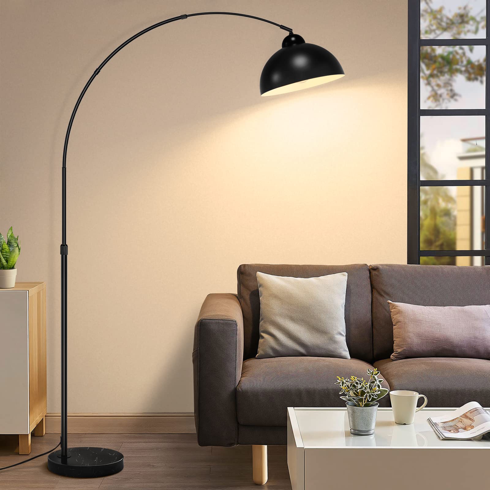 Modern Arc Floor Lamp with Metal Hanging Dome Shade, Industrial Adjustable Over The Couch Stand Up Light, Marble Base Farmhouse 