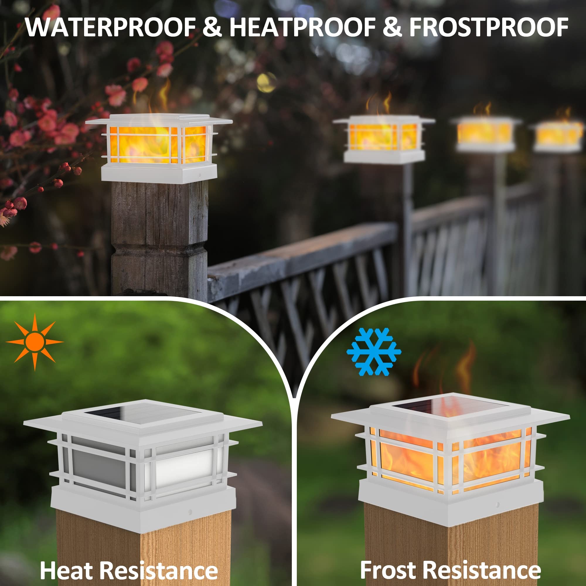 Dynaming 6 Pack Solar Flame Post Lights Outdoor, Solar Powered Fence Post White Shell Cap Light, High Brightness Flickering Flame Led Livinyl/Wooden Postseck Patio, Fit 4X4 5X5 6X6 Vinyl/Wooden Posts