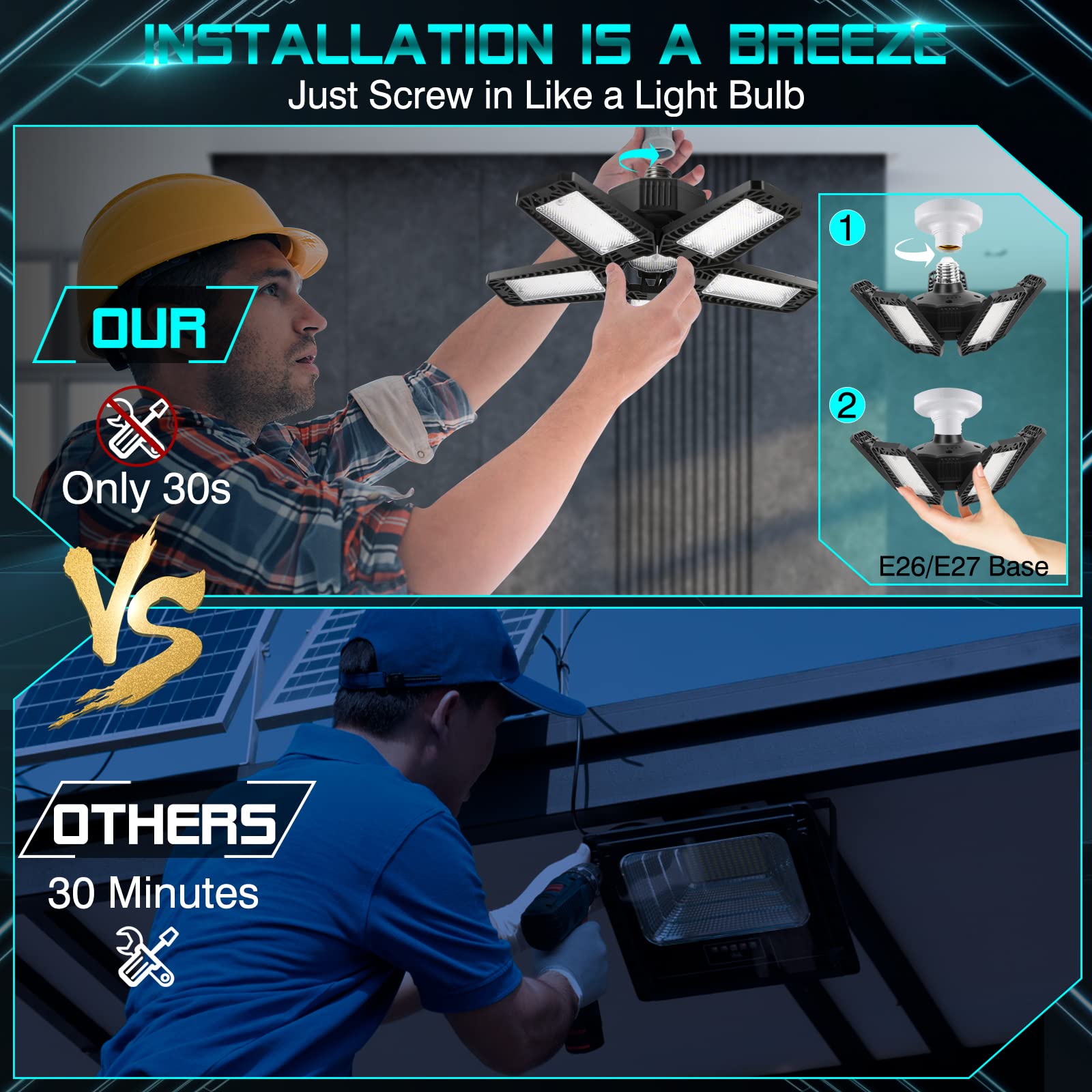 Yibeyyds Led Garage Light - 160W 16000Lm 6500K Led Garage Ceiling Lights, Screw In Shop Lighting 5+1 Deformable Panels For Attic