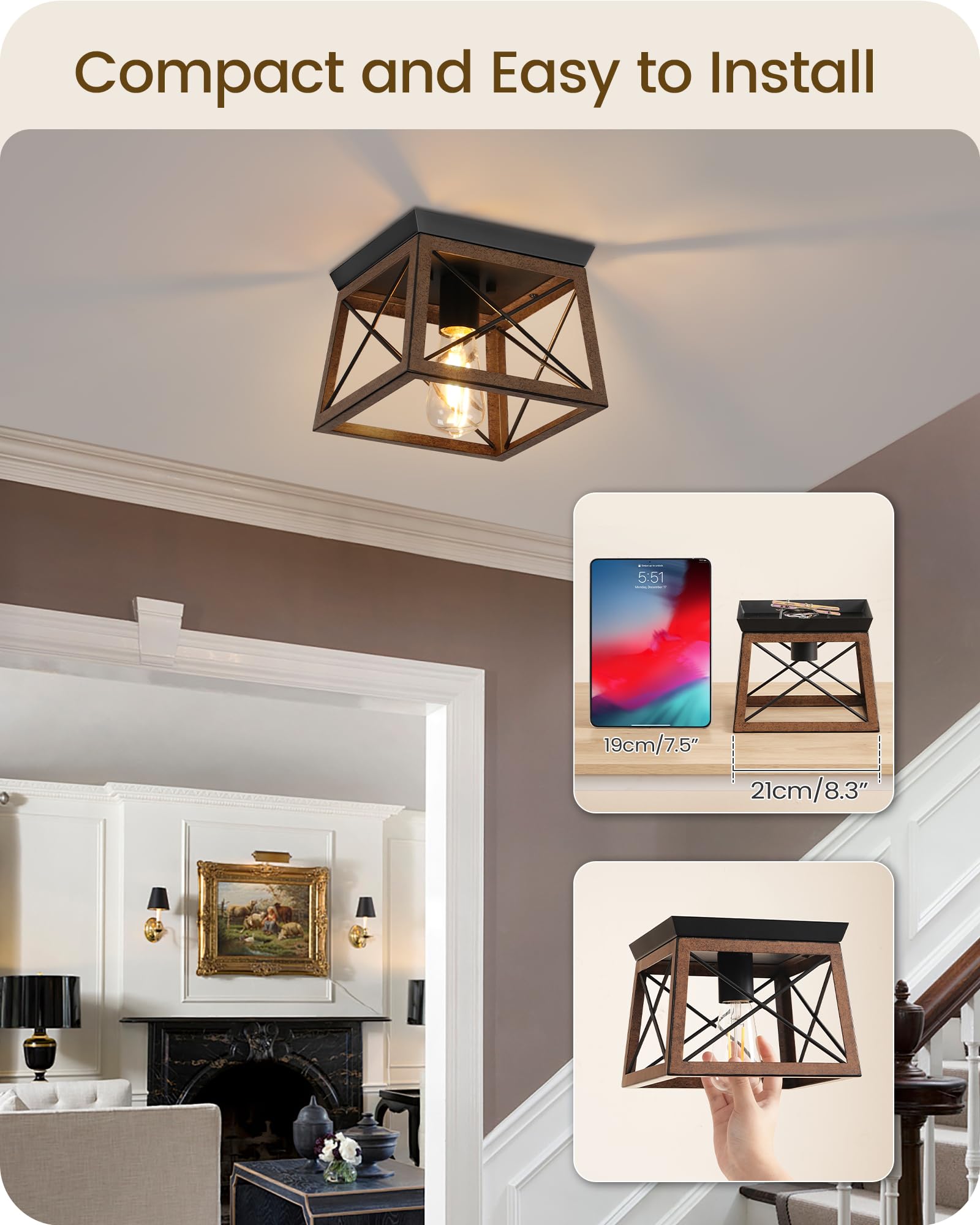 Goebleson Farmhouse Ceiling Light With Night Light, Flush Mount Ceiling Light Fixtures, Rustic Wood Flush Mount Hallway Lamp, 2-