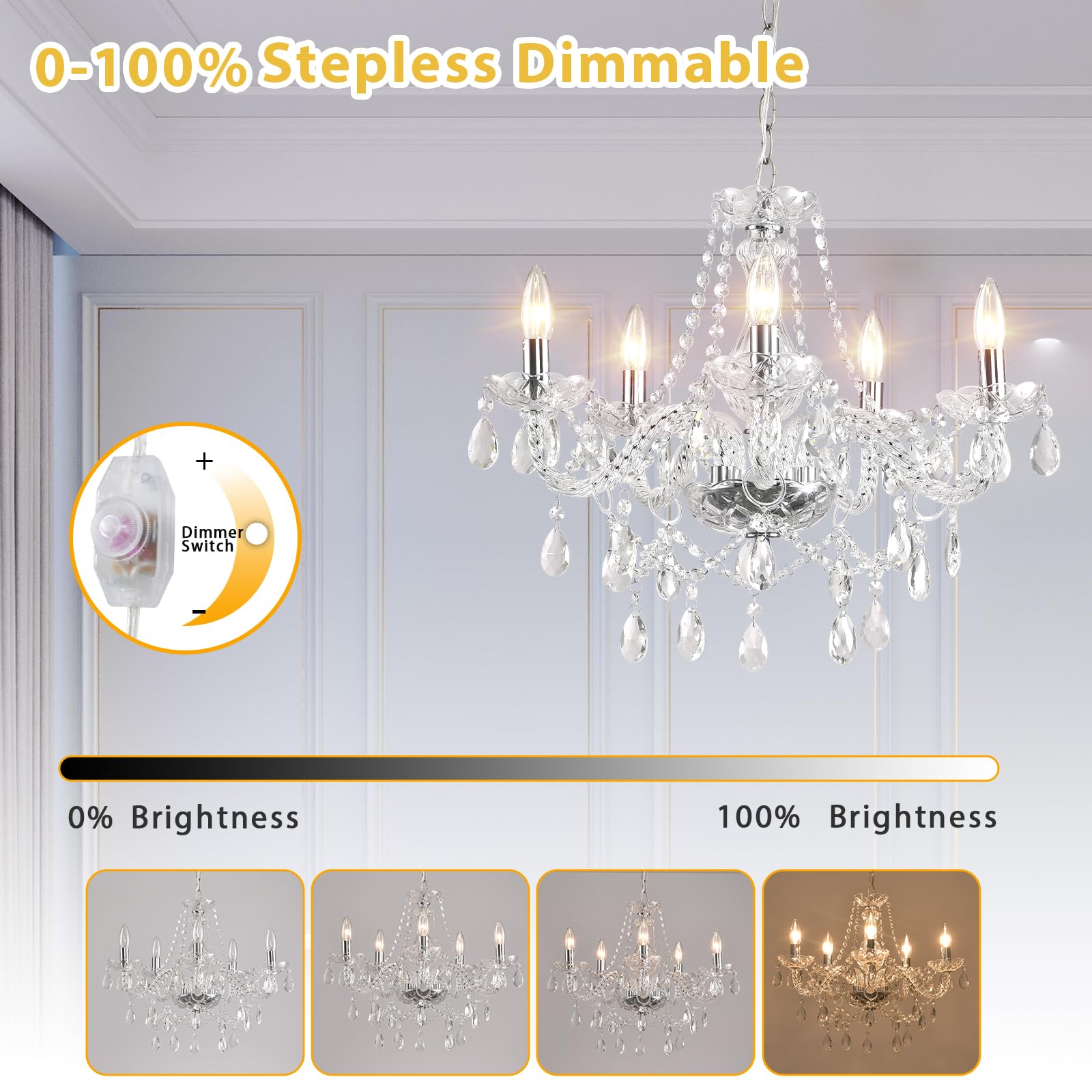 HOXIYA Dimmable Crystal Chandelier, Chrome Candle Style Pendant Light, Modern K9 Beads, Ideal for Dining, Living Room, Bedroom