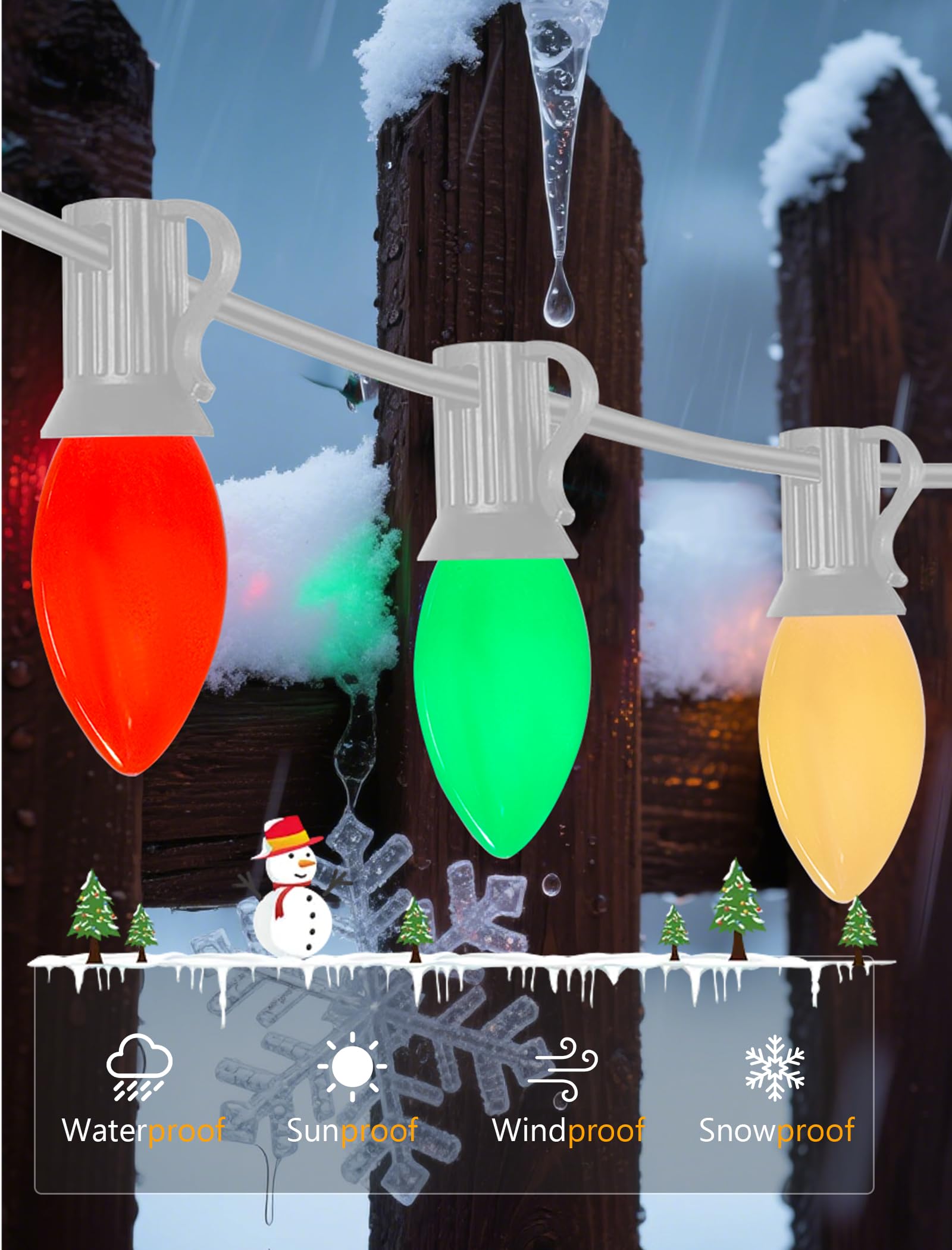 25Ft C9 Led Christmas Lights Outdoor  Vintage Christmas String Light Plug In With 26 Shatterproof C9 Multicolor Bulbs Christmas Decorations Lights For Christmas Tree Patio Roofline Party  White Wire