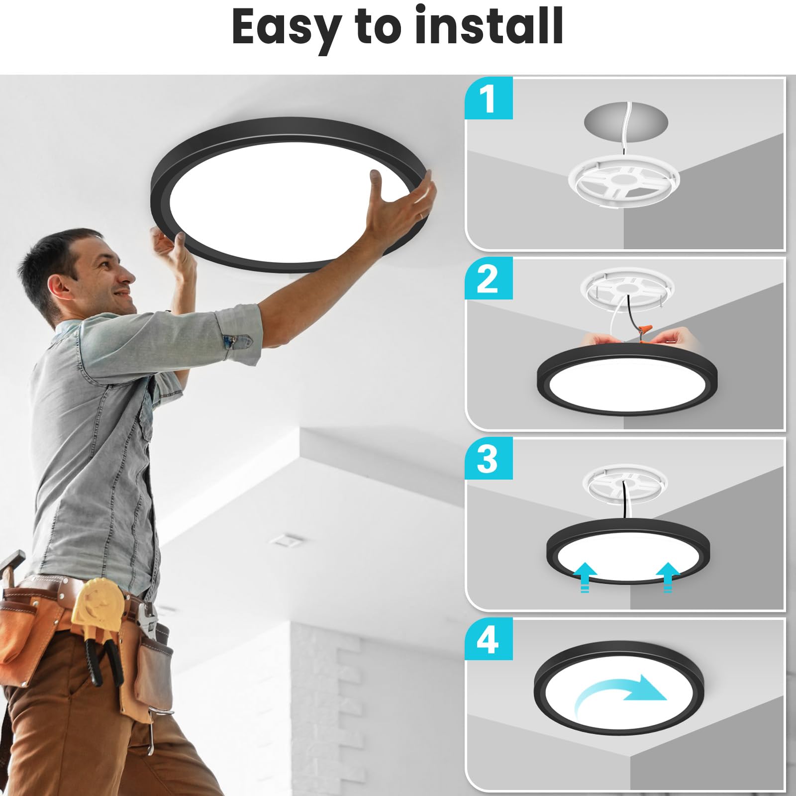 Libtit 12 Inch Flush Mount Led Ceiling Light Fixture  3000K 4000K 6500K Adjustable  28W 3200Lm Black Round Lighting Fixtures For Bathroom Shower Hallway Kitchen  2 Pack