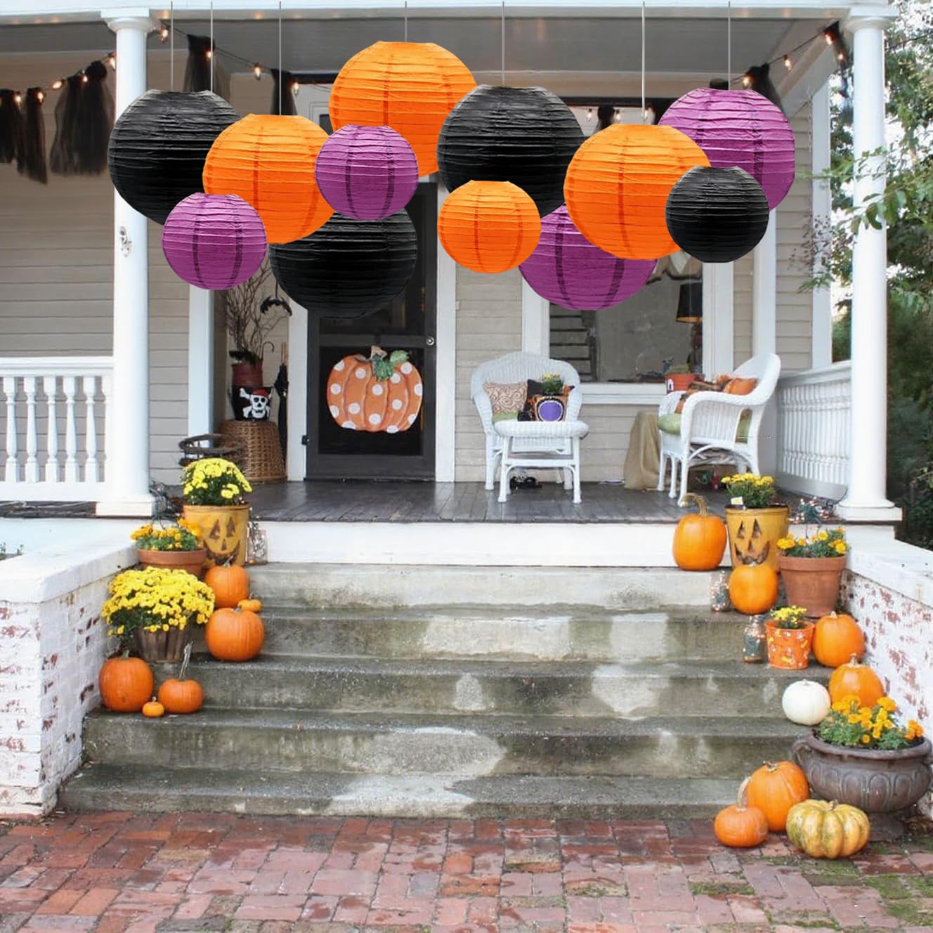 Capesaro Orange Purple Black Paper Lanterns Decorative 12Pcs Halloween Hanging Decorations For Graduation Thanksgiving Birthday Party Decorations