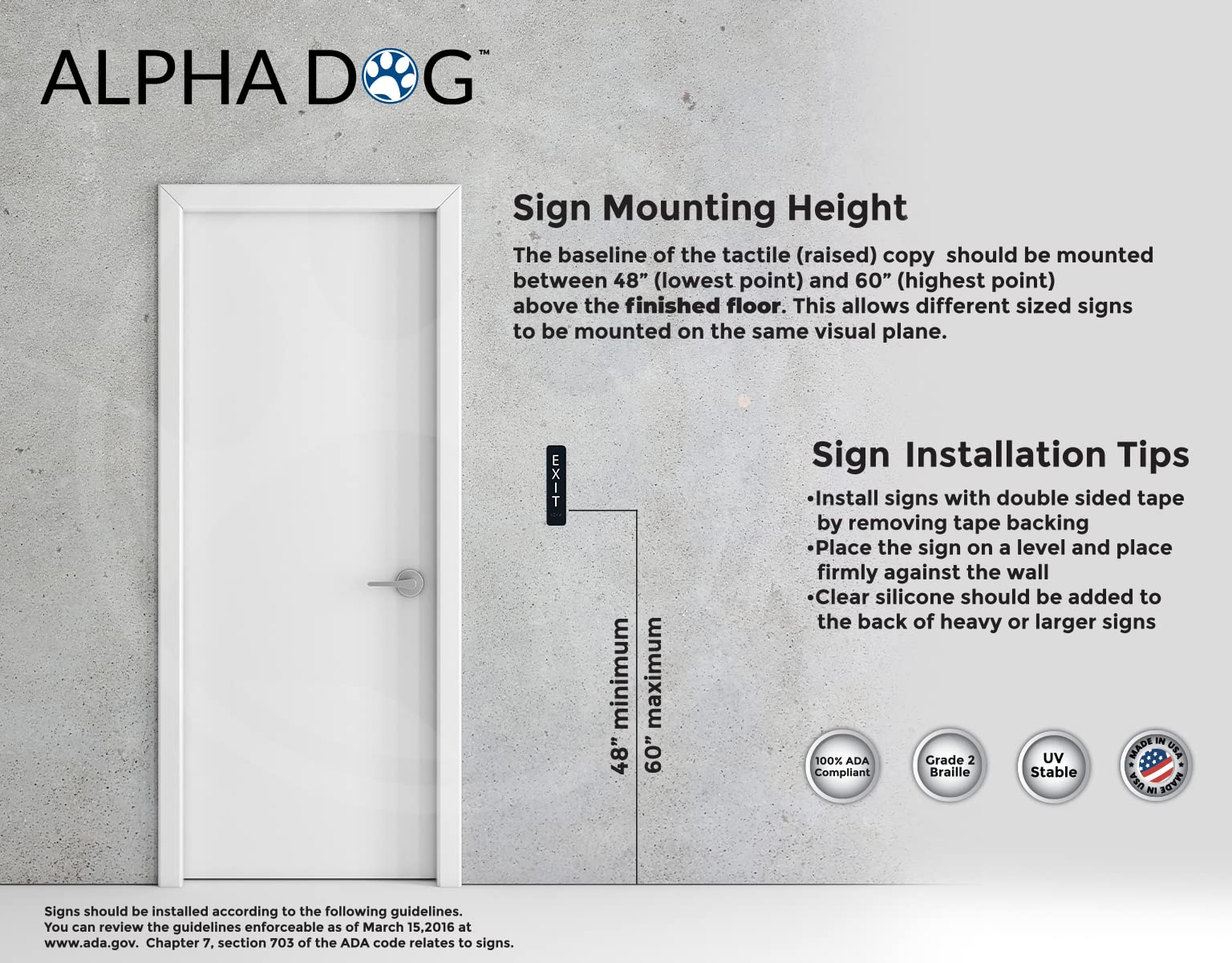Alpha Dog Vertical Braille Exit Sign - 8x2 inches, ADA Compliant, Indoor/Outdoor, Black, Easy Install, USA Made