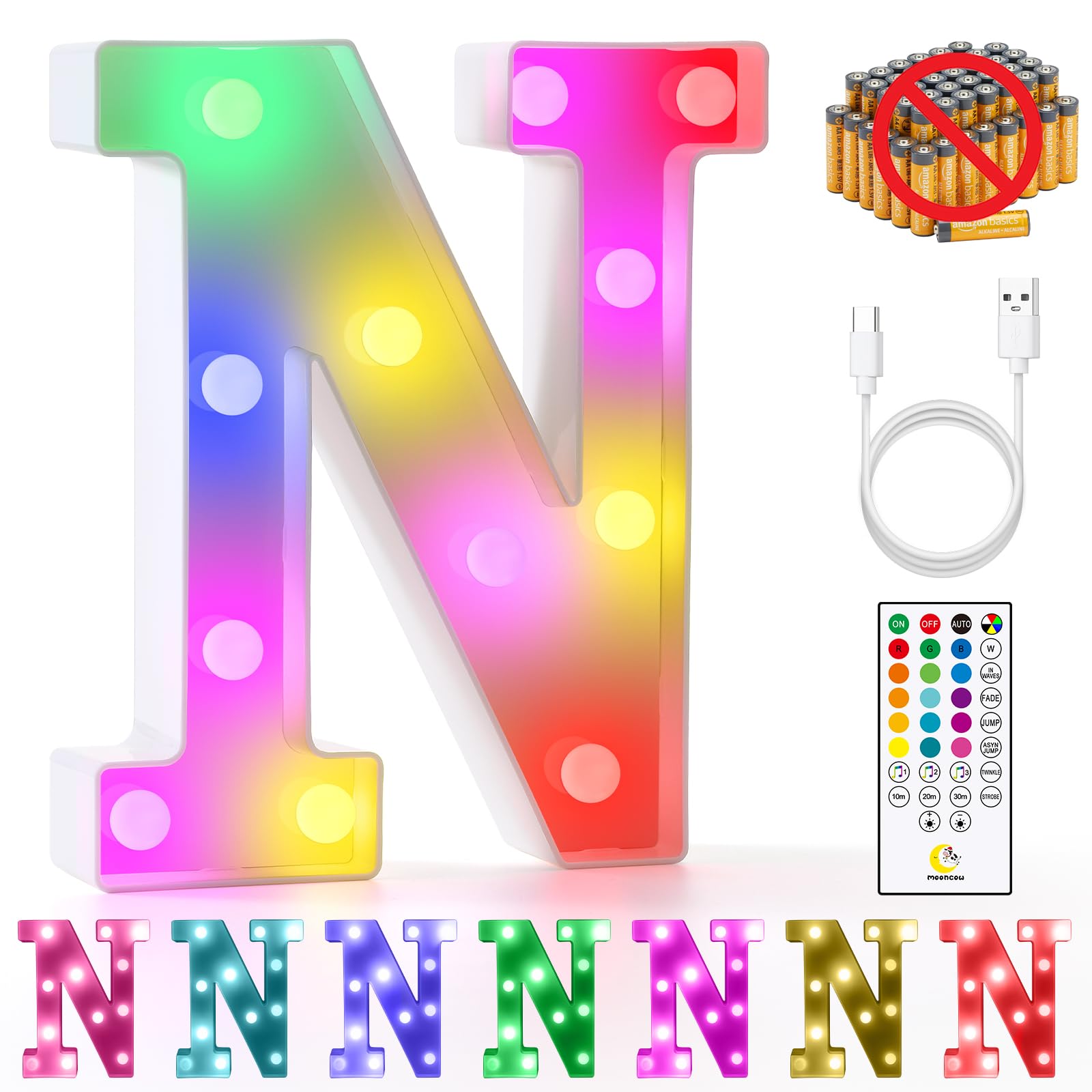 Mooncow Rechargeable Light Up Letters,Colorful Marquee Letters With Remote,Gift Wrap Gifts,Bedroom Home Bar Party Decor (N)