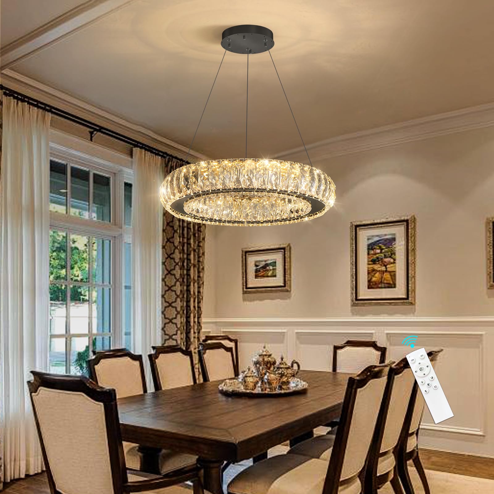 HAIXIANG Modern Chandelier Crystal LED Dimmable Ring Pendant Lights Adjustable Hanging Lighting Chandeliers Fixtures for Dining Room Bedroom Kitchen Island Table Black Light