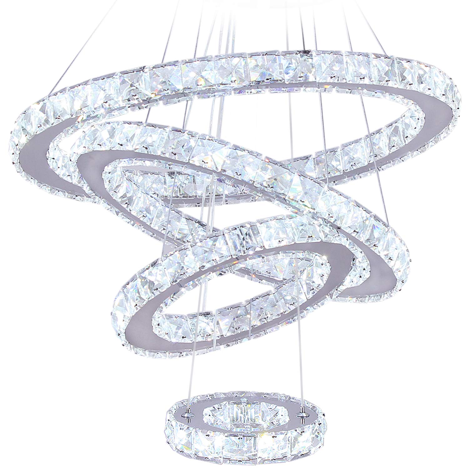 LED Chandeliers, Modern Crystal Chandelier Dining Room Living Room LED Ceiling Pendant Light 4 Rings Adjustable Stainless Steel 