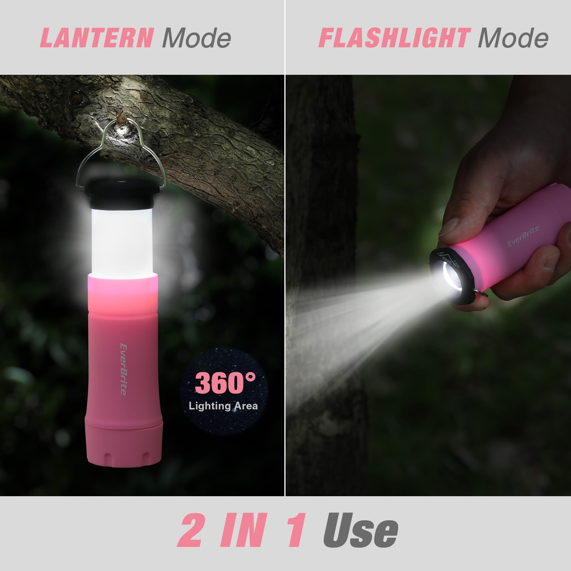 EverBrite Mini Lanterns and Flashlights, 2-in-1, Zoomable, 3 Modes, Battery Powered, Pink, Model E041055AE