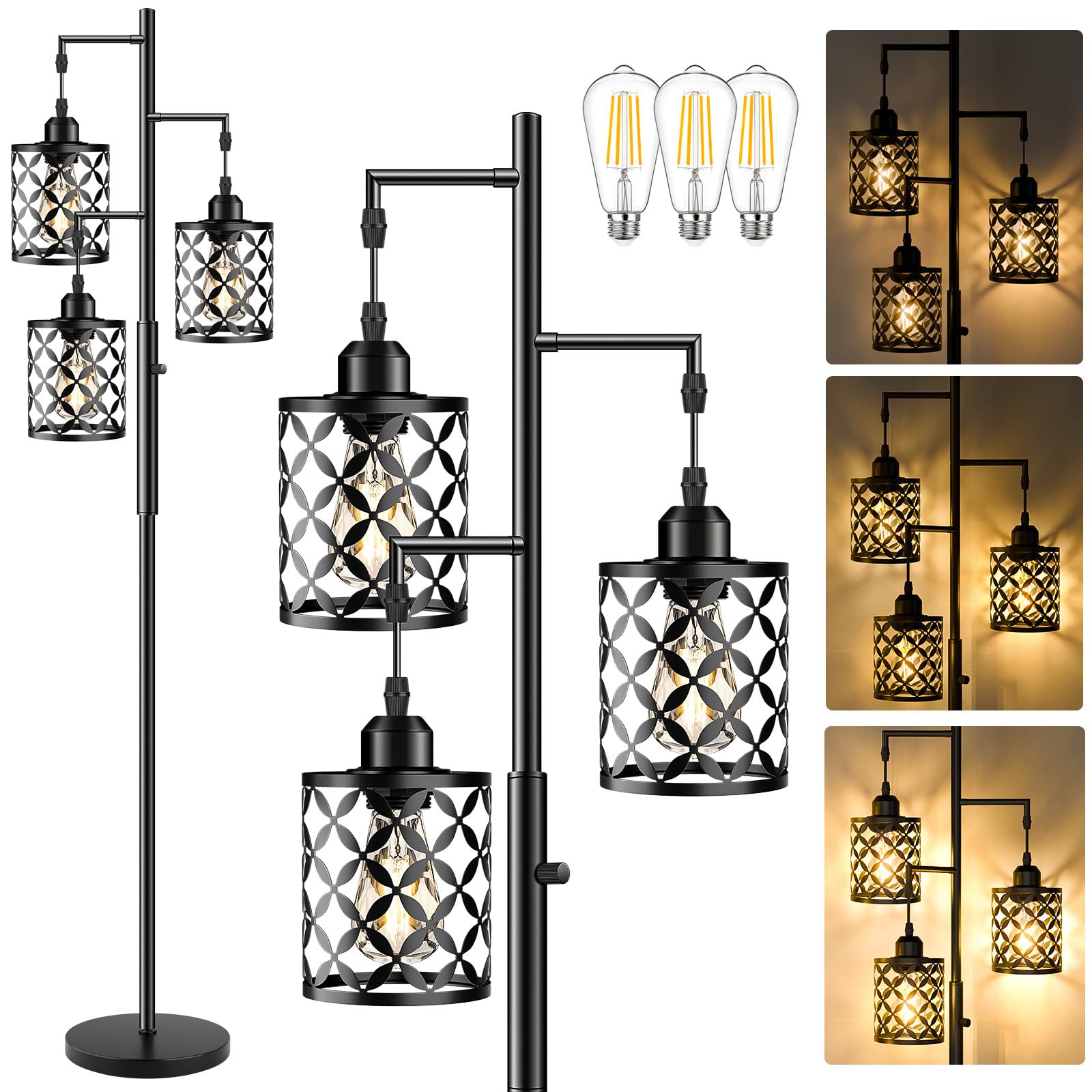 GHOOCEMLUX 68'' Dimmable Floor Lamp, Farmhouse Standing Lamp with Elegant Metal Cage, Industrial Tall Tree Floor Lamps for Livin