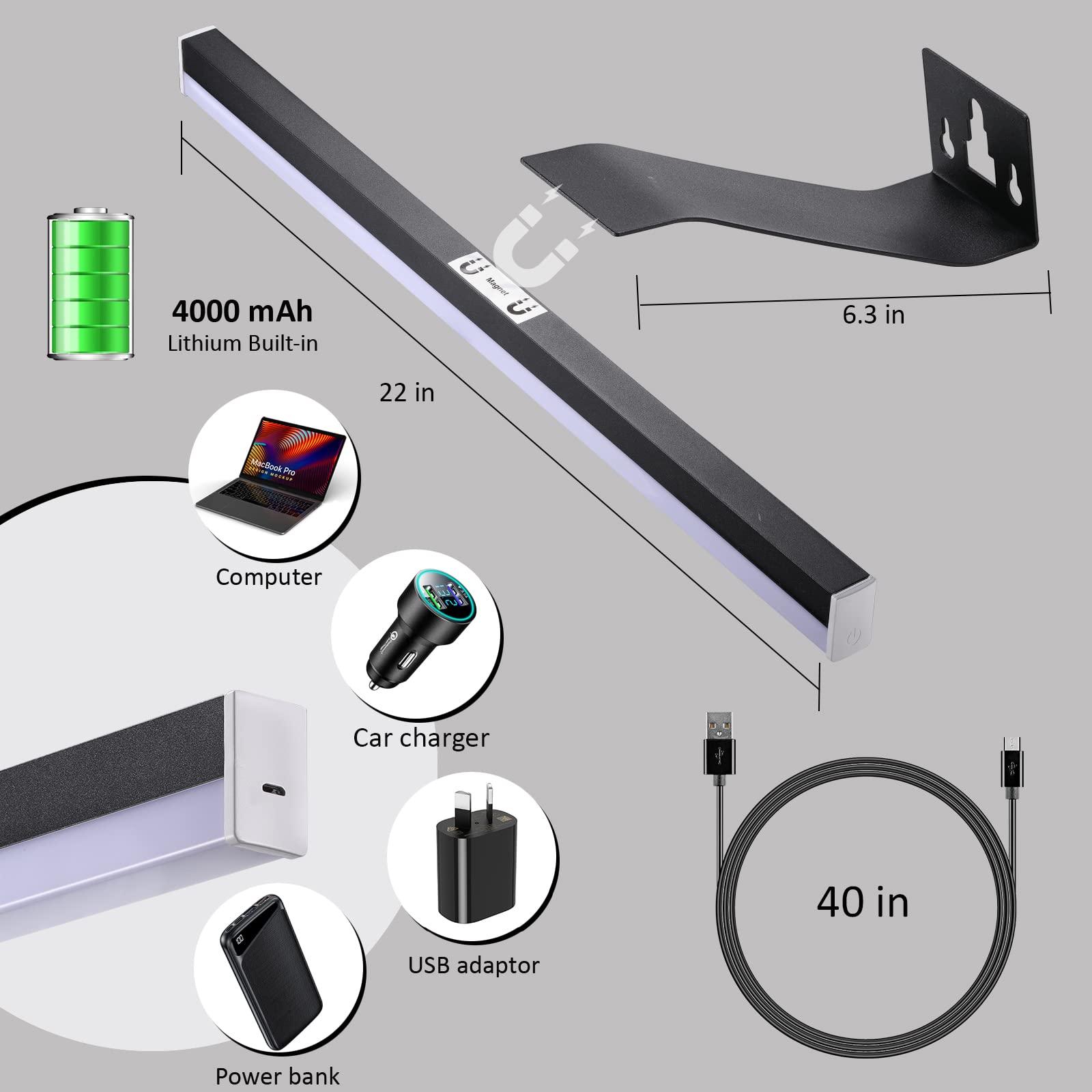 MIOBLUE Rechargeable Picture Light, 22 Inch, Metal, 60 LEDs, Dimmable, Black, Model HD-55B
