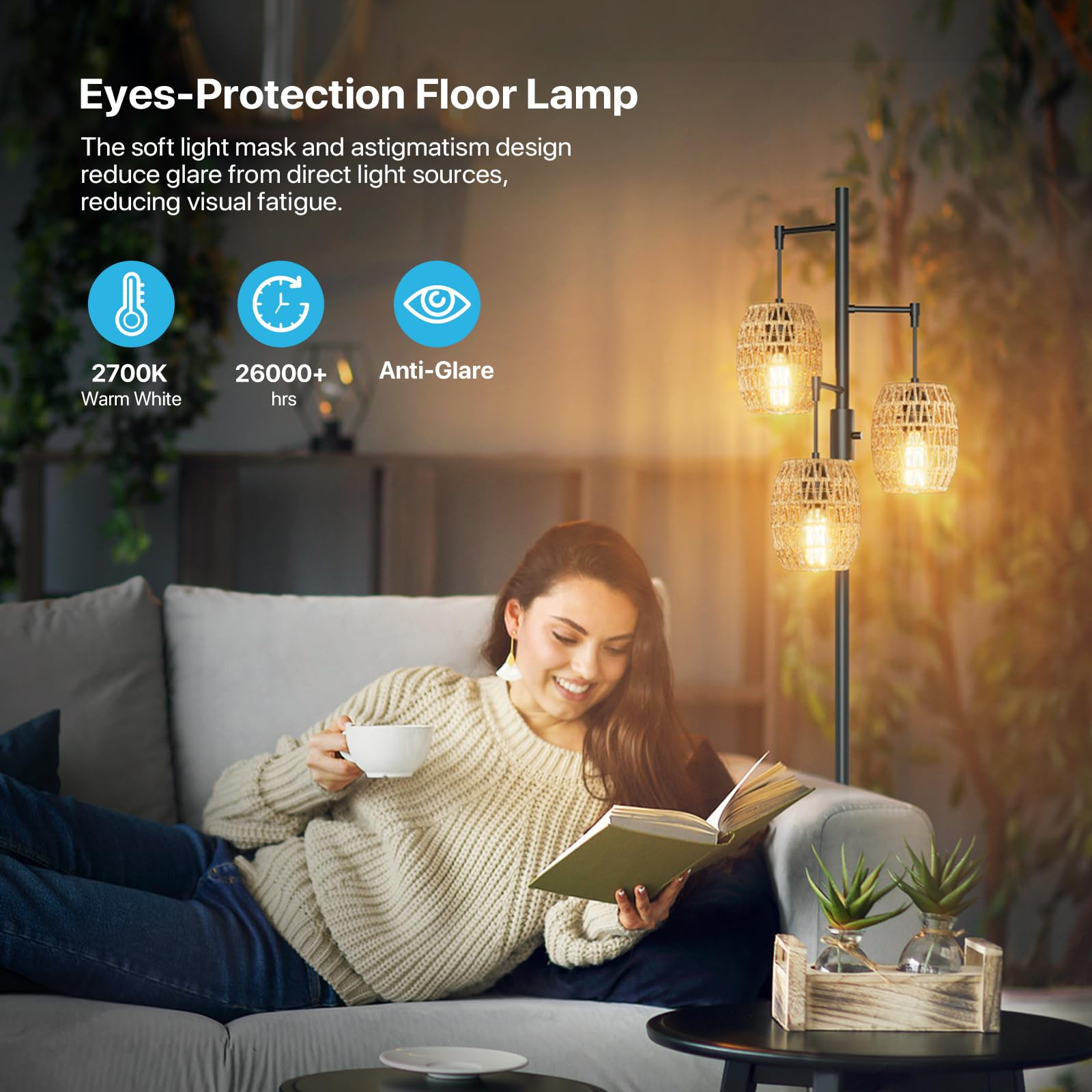Lumenfox Boho Rattan Floor Lamp - Dimmable Floor Lamp 70 Inch With Shades, Coastal Floor Lamp 3 Light Bohemian Floor Lamps Stand