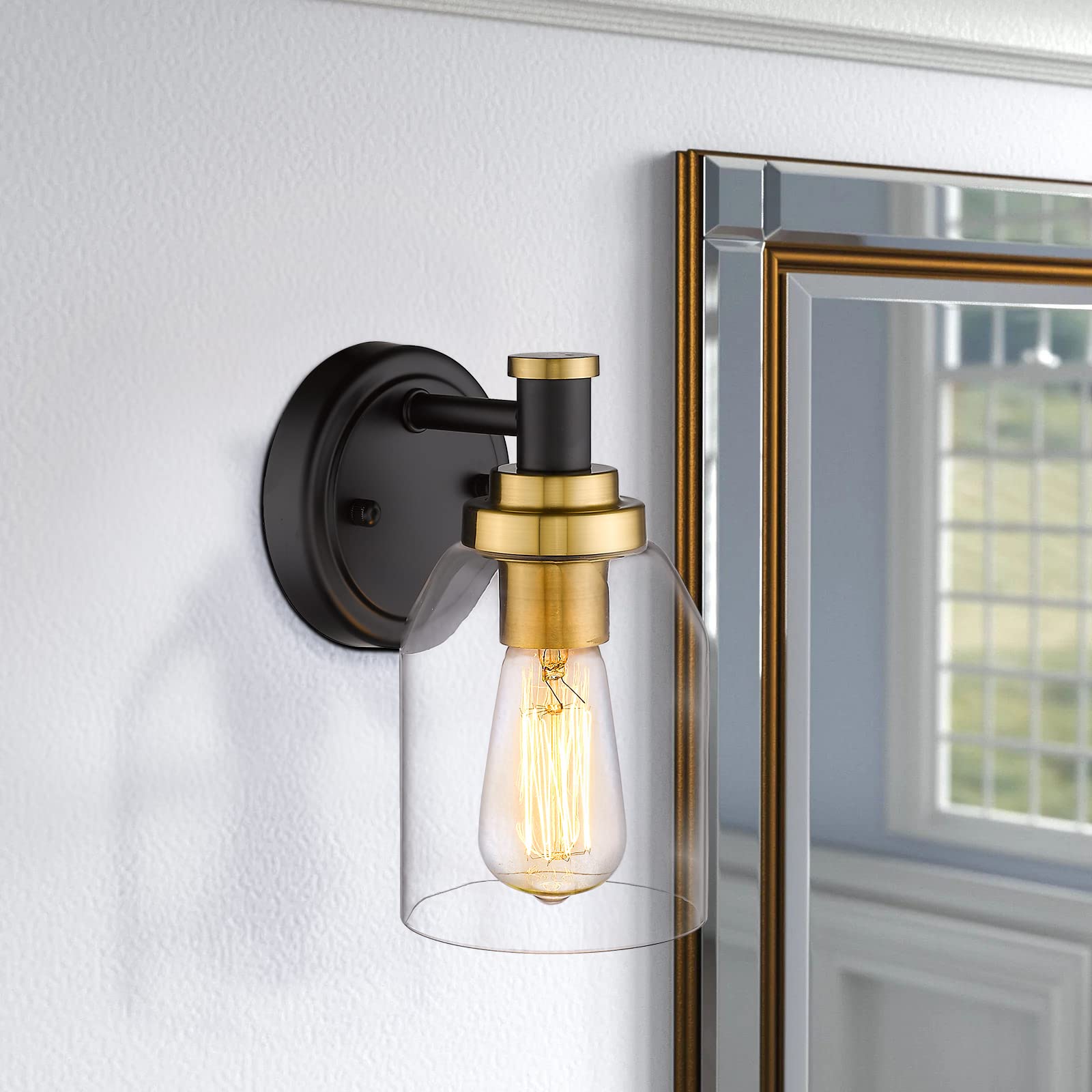 Zeyu 2 Pack Modern Vanity Wall Sconces, Indoor Wall Lights For Bathroom Hallway Bedroom With Clear Glass Shade, Black And Gold F