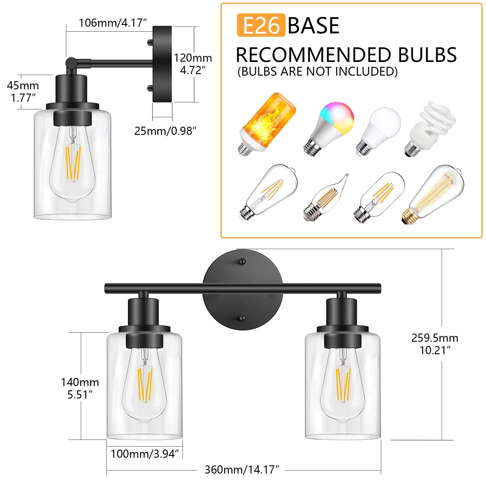 Folksmate 2-Light Matte Black Vanity Light Fixtures With Glass Shade For Modern Bathrooms
