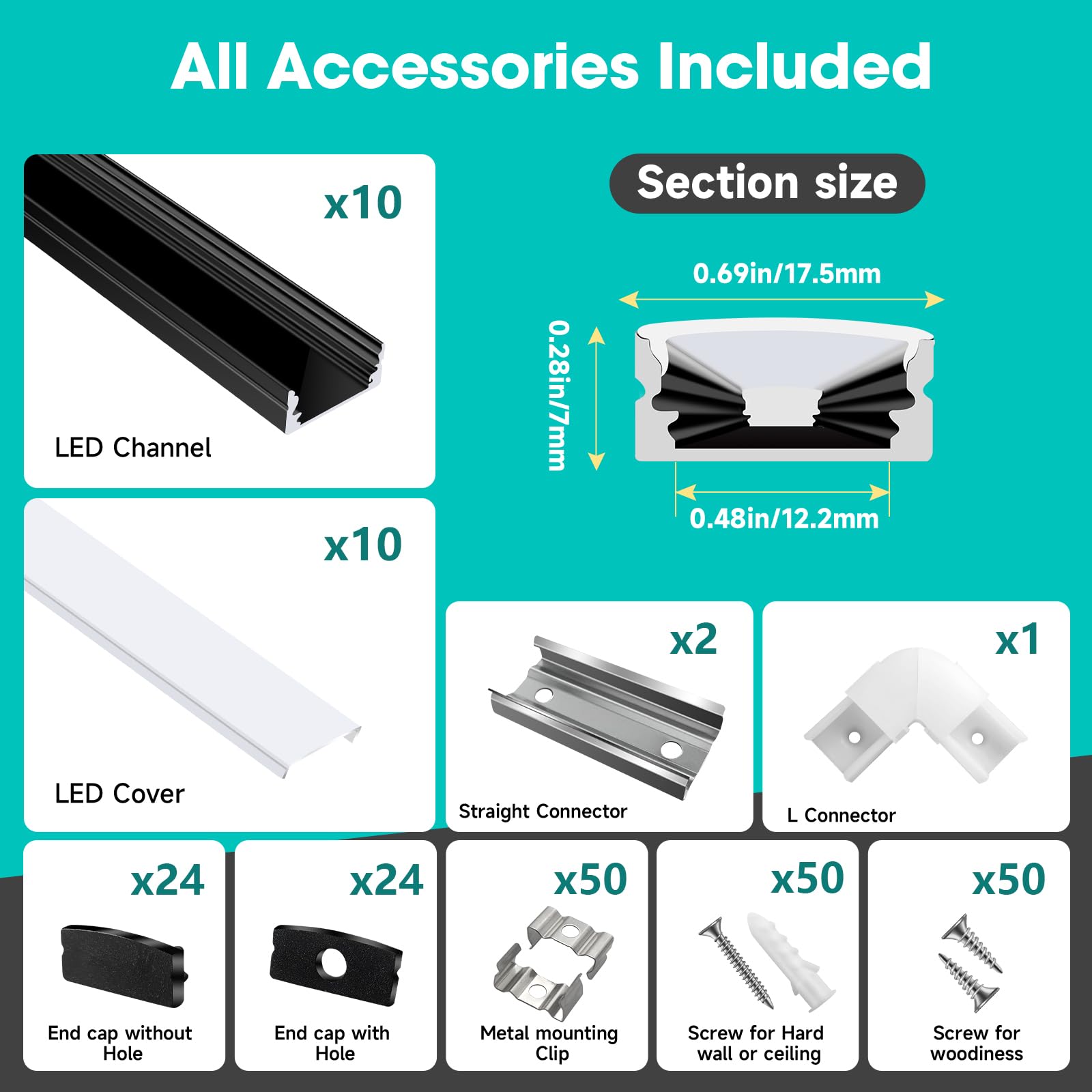 10-Pack 6.6Ft/2Meter U Shape Black Led Aluminum Channel System With Milky Cover, End Caps And Mounting Clips, Aluminum Channel P