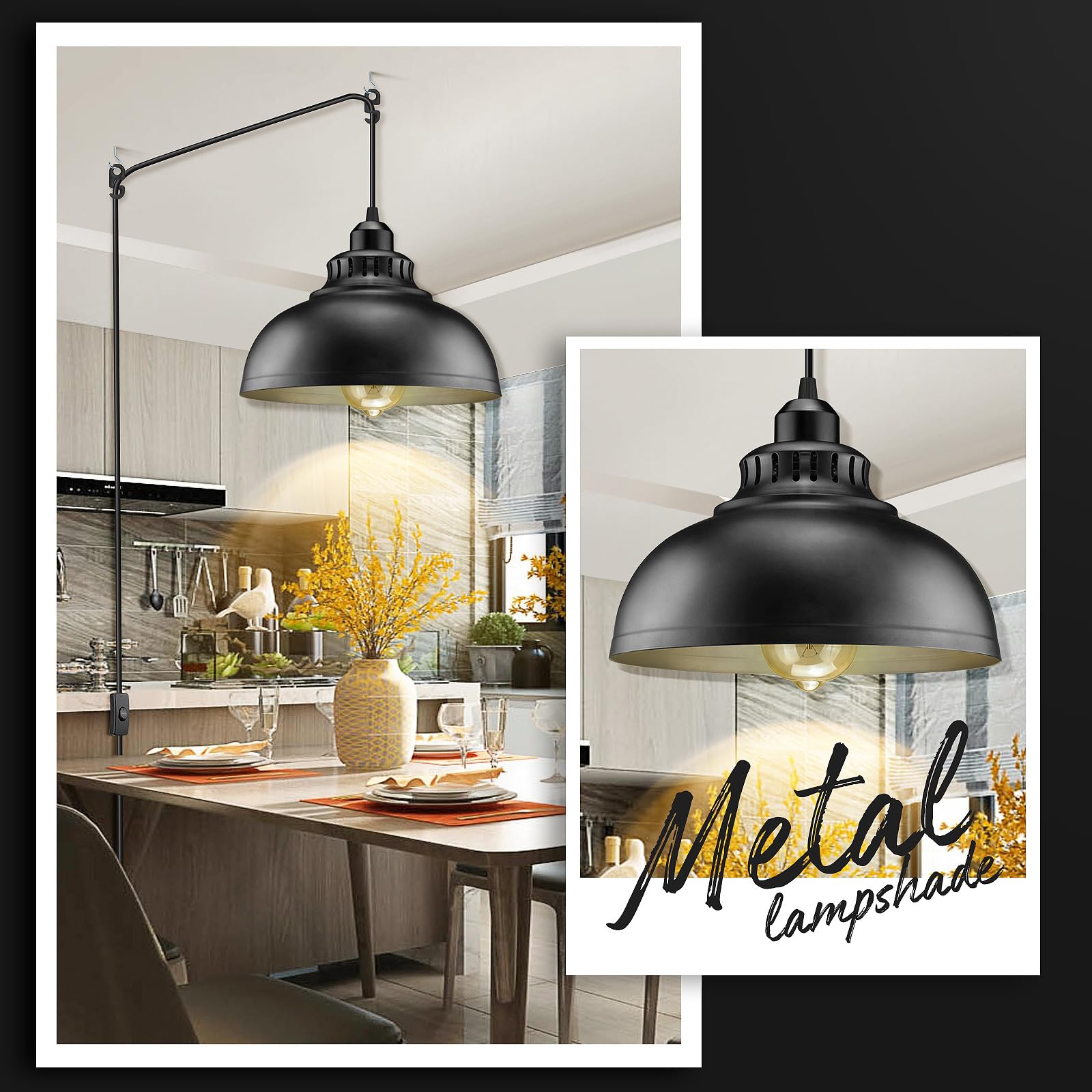 Plug In Pendant Light, 15Ft Hanging Lights With Plug In Cord, On/Off Switch, Industrial Pendant Light With Plug In Cord, Metal H