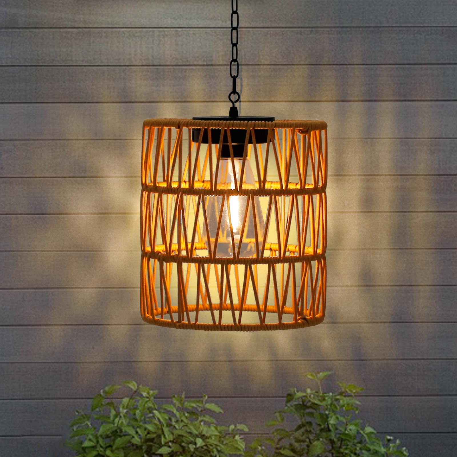 Livinlarge Solar Chandelier Lantern Outdoor Rattan Pendant Lights Waterproof Boho Hanging Lamps with Edison Bulb for Gazebo Tree Porch Yard Porch Patio Garden Backyard Decor