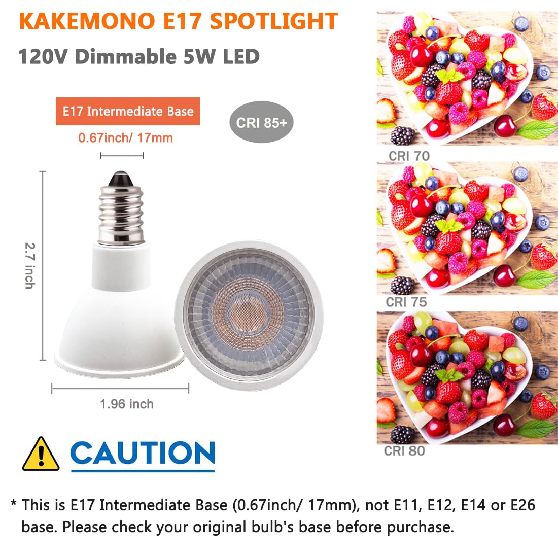 KAKEMONO E17 LED Spotlight Bulb, Dimmable 5W R14, 5000K Daylight White, Halogen Replacement, 2 Pack