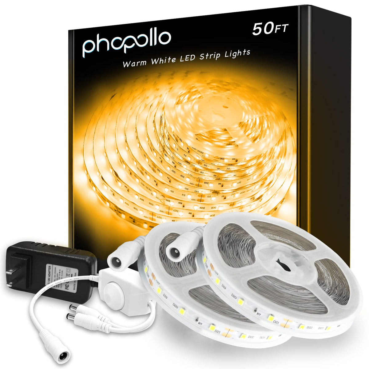 Phopollo Warm White Led Strip Lights, 50Ft Dimmable 3000K Warm White Led Light Strip, 900 Leds Flexible Led Lights For Bedroom,