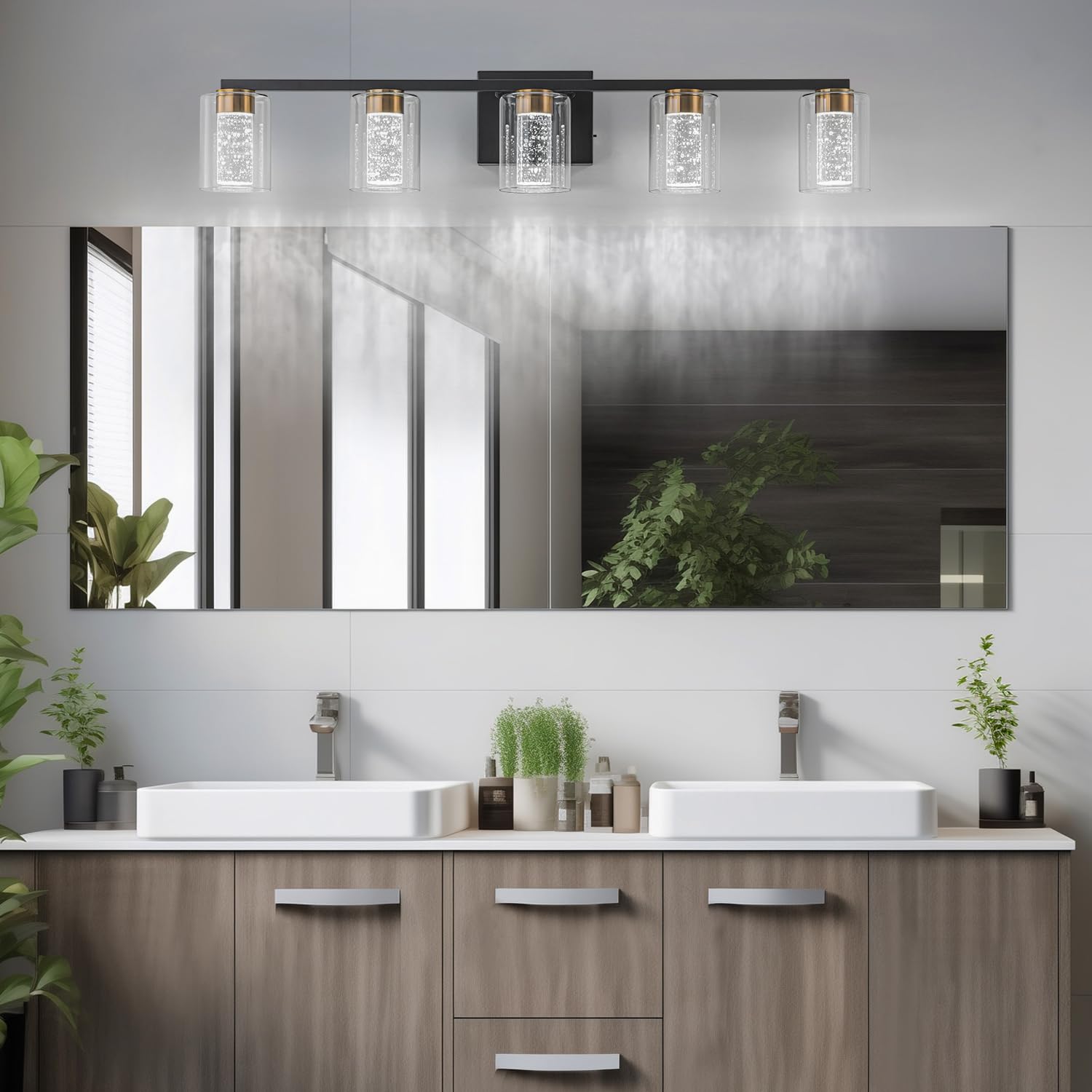SineRise 5-Light Vanity Light Fixture, Black-Gold, Dimmable LED, Eye Protection, 3 Color Modes, Model af01d95b-88be-413f-aed