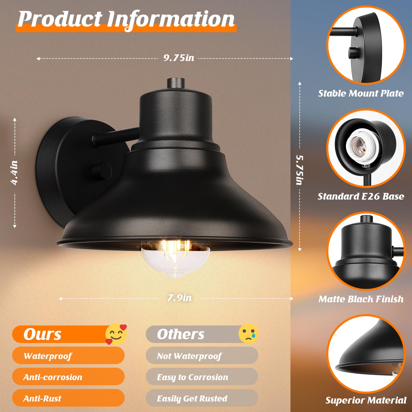 Verron 2-Pack Matte Black Gooseneck Outdoor Wall Lights, Waterproof Industrial Sconces E26 Socket