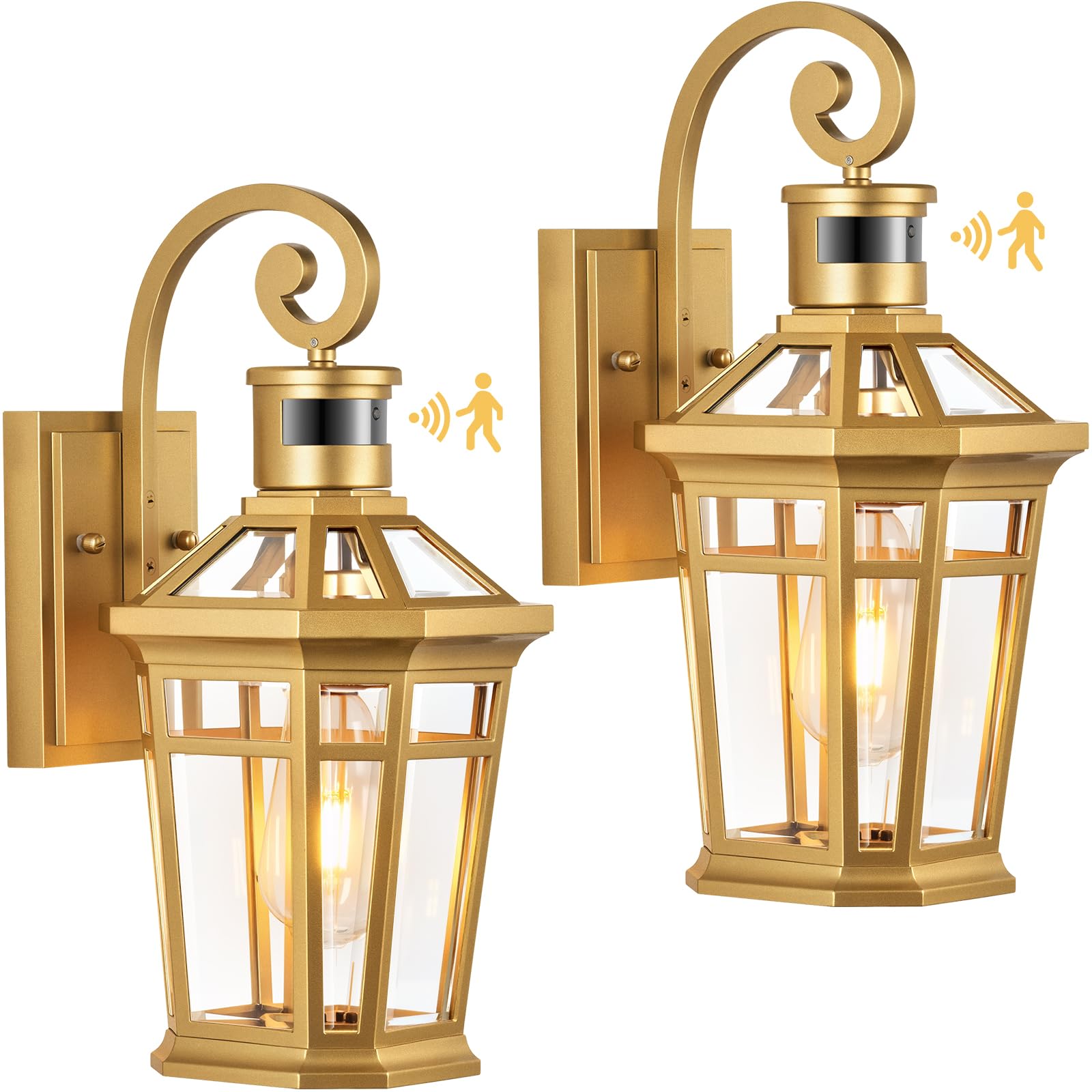 OPAXIS Motion Sensor Outdoor Wall Lights  2-Pack Outdoor Porch Lights Wall Mount  Gold Exterior Wall Sconce Lantern  Anti-Rust Patio Wall Light Fixture  Outside Garage Lights  Adjustable Sensitivity