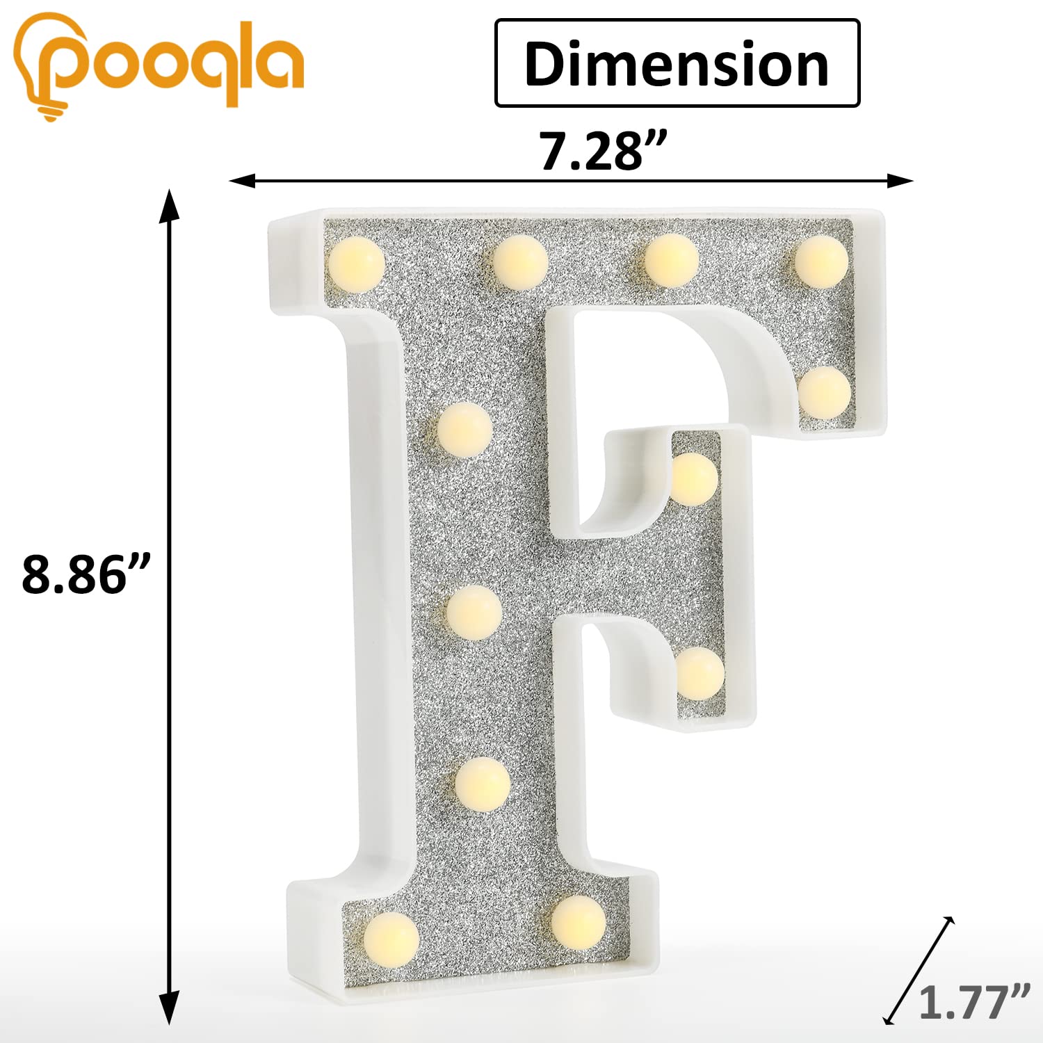 Pooqla LED Marquee Letter Light Sign, Battery Powered, 18 Colors, Glitter Silver, Plastic for Party, Wedding, Home, Christmas Decoration