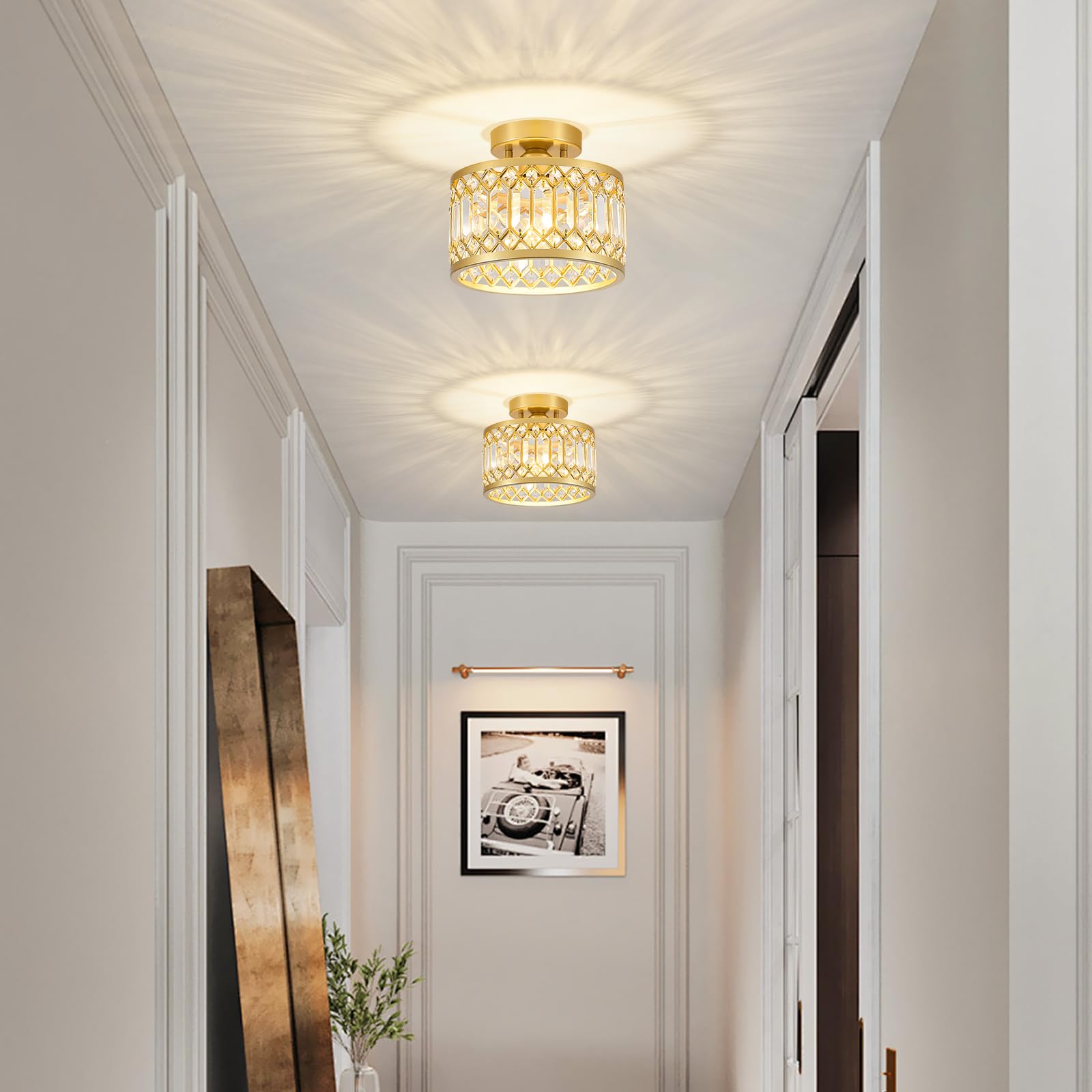 YURNYQ Crystal Ceiling Light Fixture, Modern Semi Flush Mount, 9.05in, Gold, Metal, Model 241017001