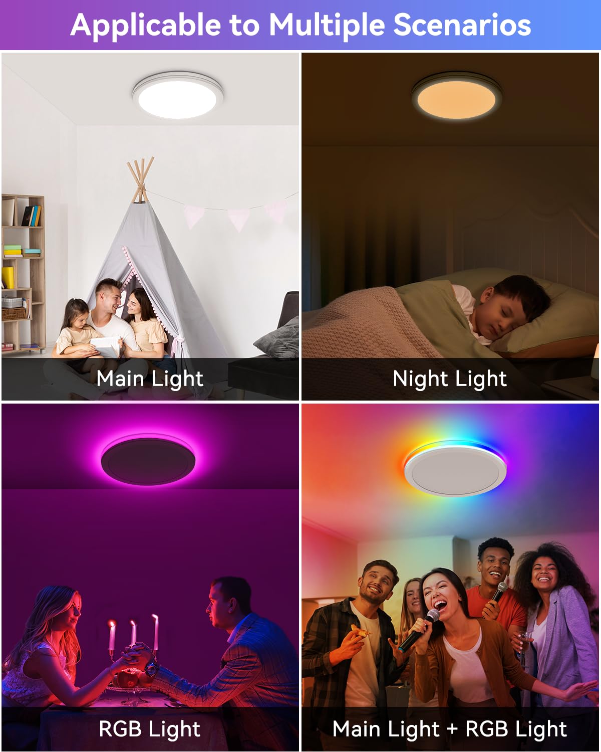 Aphyni Rgb Led Ceiling Light Fixture With Remote, 3600Lm Flush Mount Light Fixture, Diy Colors, Disco Mode, 3000K-6500K Dimmable